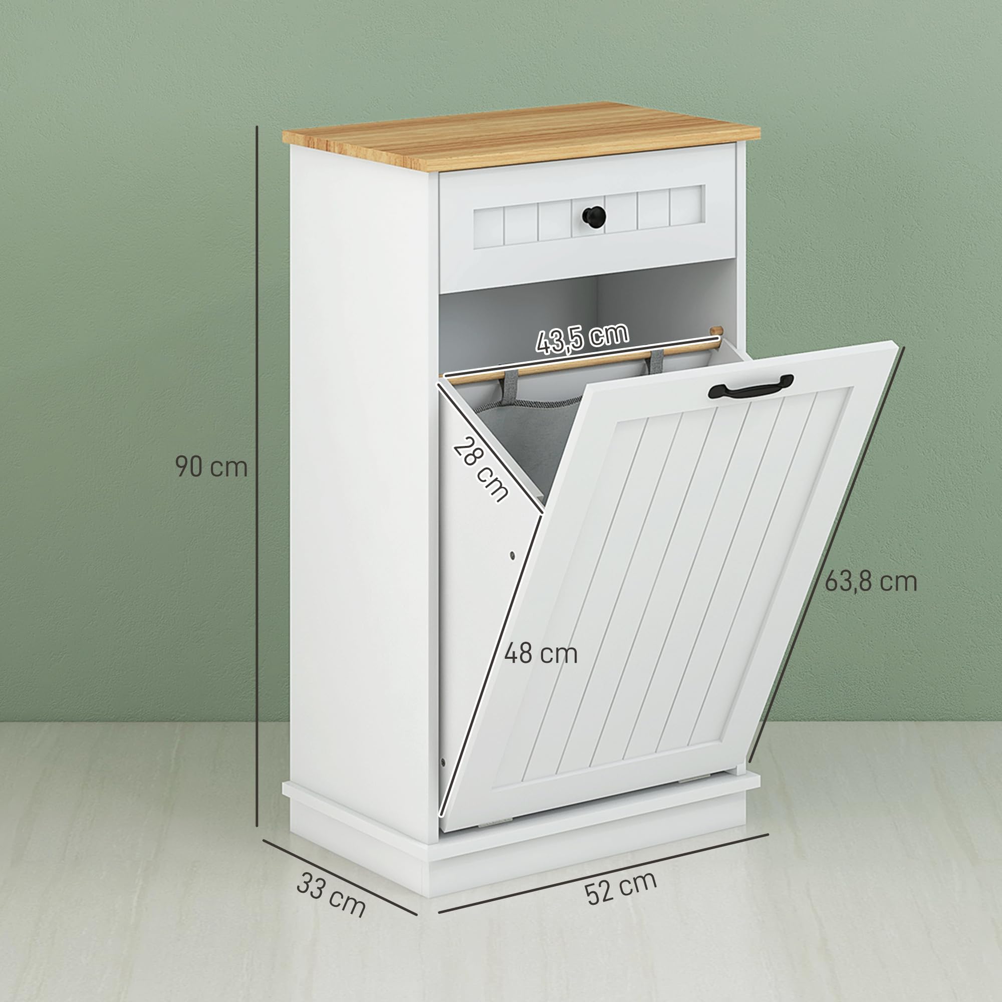 HOMCOM Mueble Auxiliar de Baño Cesto para Ropa Sucia Armario de Baño con Cajón y Diseño Anti-vuelco Mueble de Baño Moderno 52x33x90 cm Blanco