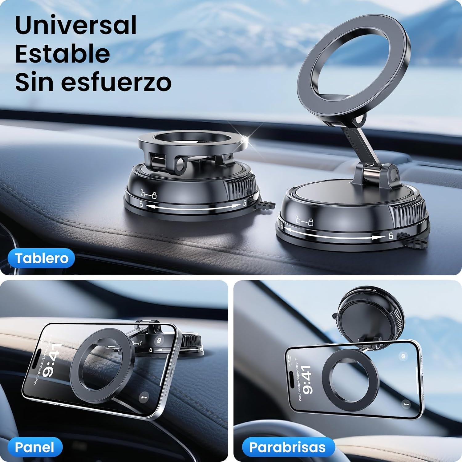 GizmoVine Soporte Móvil Coche MagSafe, 35KG Ventosa Fuerte Reutilizable, Brazo Metálico Plegable, 22X N55 Imanes, Giratorio 360° para Salpicadero/Parabrisas, iPhone 17-12 Android