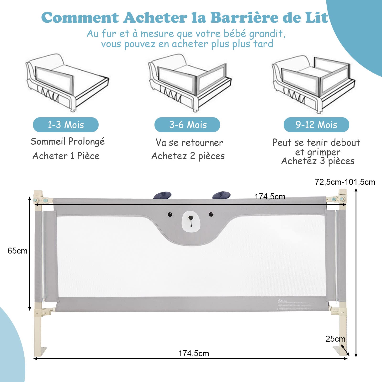 GOPLUS Barrière de Sécurité Enfant Lit Pliable, Barrière de Lit Enfant Bébé 0-3 Ans, Bords Arrondis et Maille Respirante (Gris+Motif Ours, 174,5×25×72,5 CM)