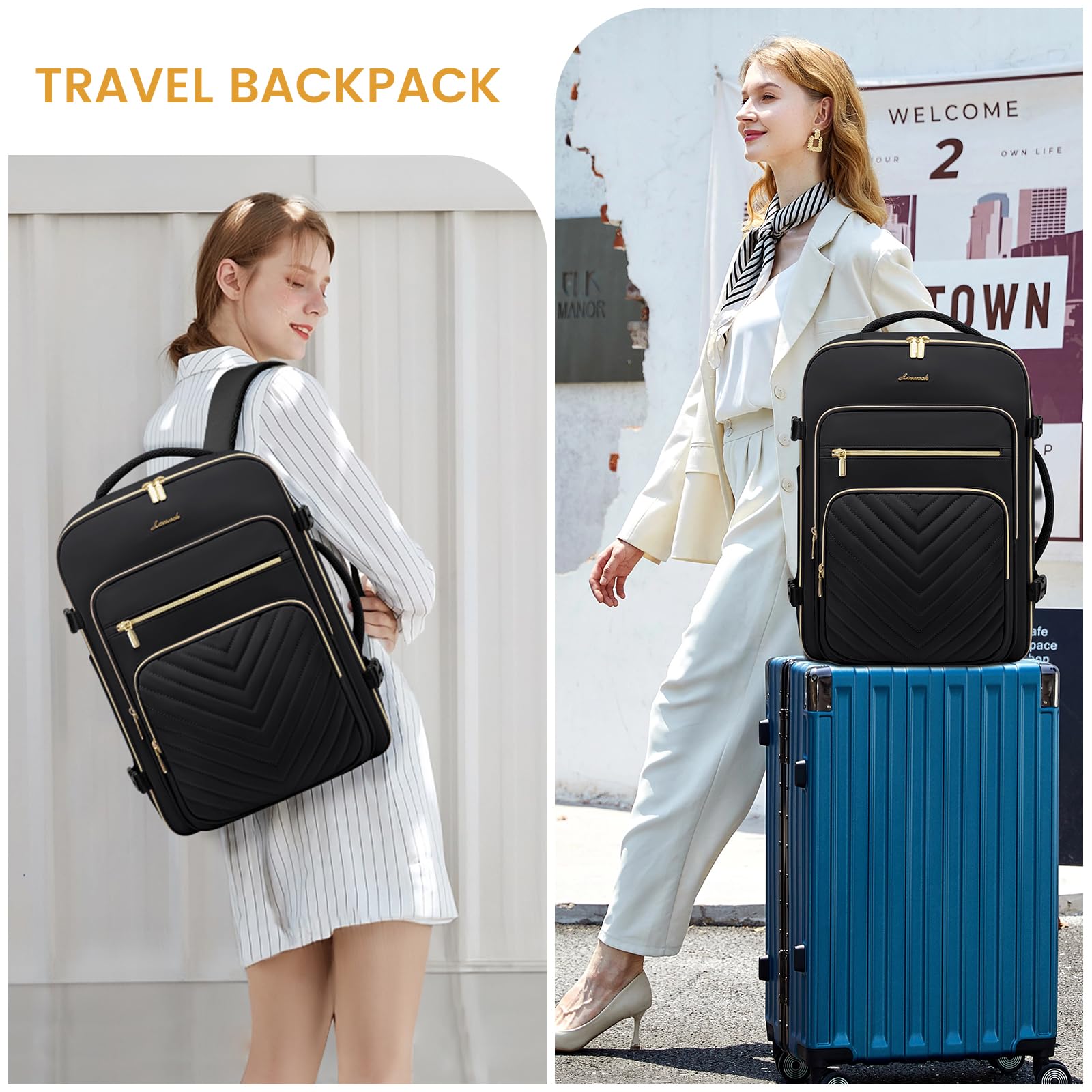 LOVEVOOK Zaino da Viaggio Aereo Bagaglio a Mano, Impermeabile Zaini Trolley Donna 40L Cabin Max per Ryanair Easyjet 45x33x20, Grande Zaino Porta PC 17 Pollici Valigia Borsa a Zainetto, Nero
