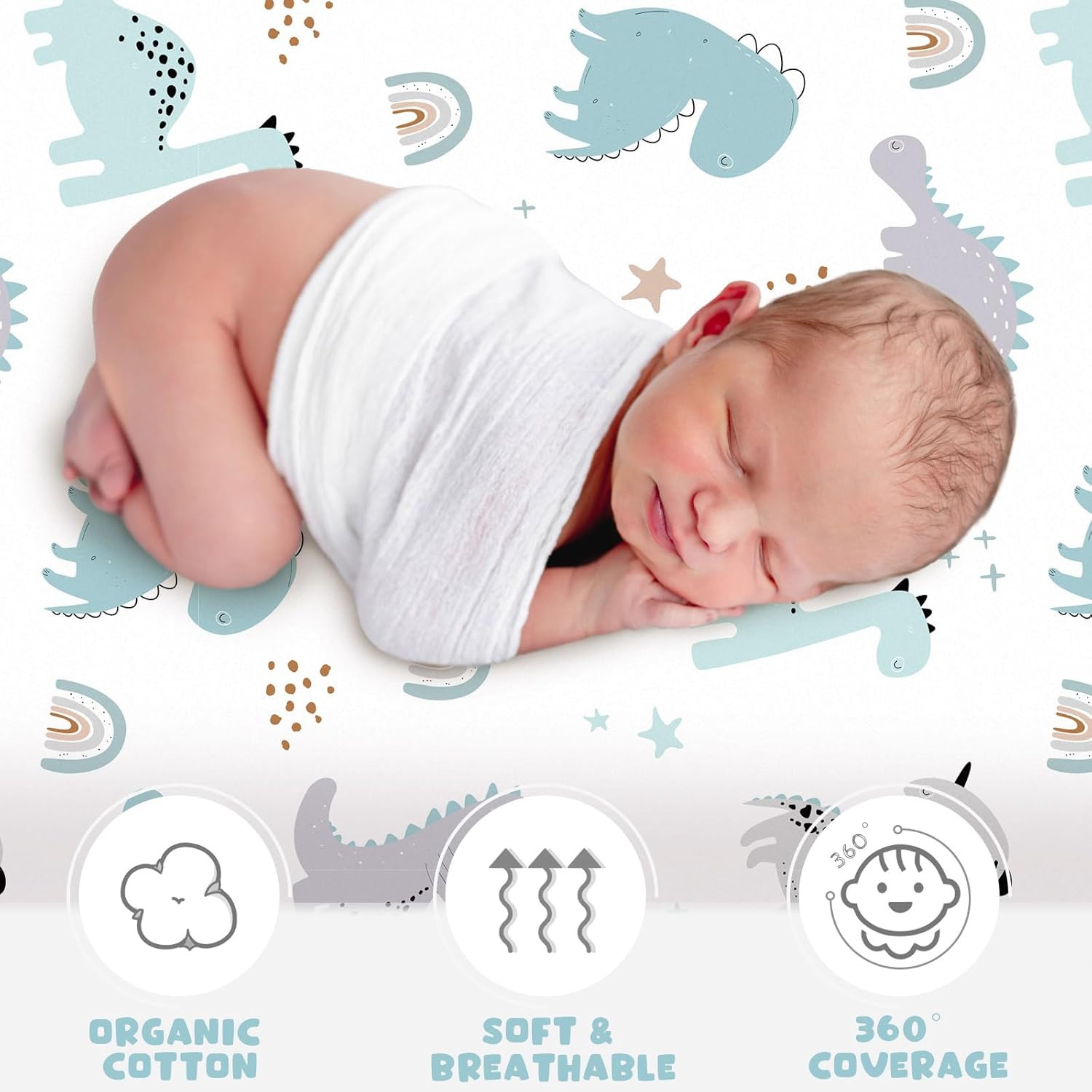 4 Pcs Baby Bassinet Sheets Soft Fitted for Baby Boys Girls Soft Cotton Animals Bassinet Sheet Cover Safe Comfort for Standard Rectangular Mattress Cradle, Elephant, Dinosaur - Image 4