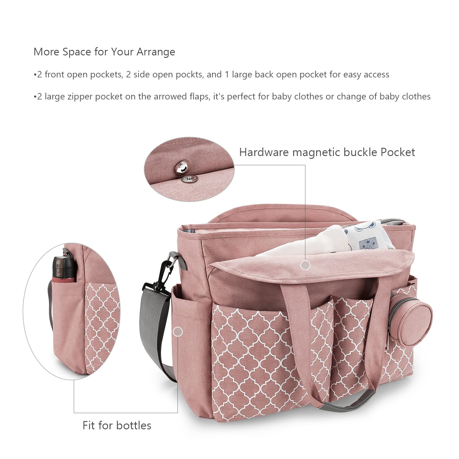 Lmbabter Borsa per pannolini con fasciatoio multifunzione con tracolla regolabile, Rosa, One Size