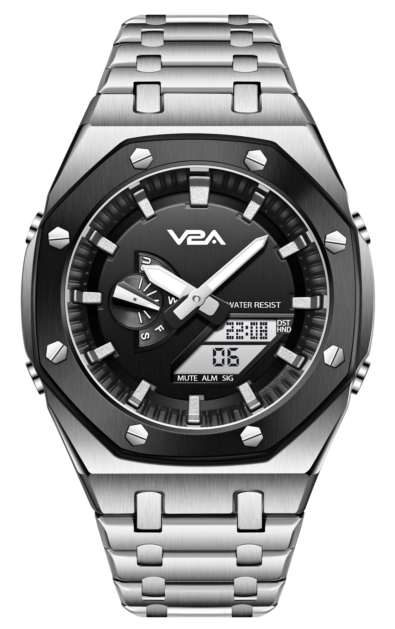 V2A Allure Octagonal Screw Case Analogue-Digital Watch for Men, Stainless Steel Band, 30M Water Resistant, 5 Alarms, World Time, Countdown, Stopwatch Men Watch | Birthday Gift for Men (M-Silver-Black) (B0DHLK5YFL) Amazon Price History, Amazon Price Tracker