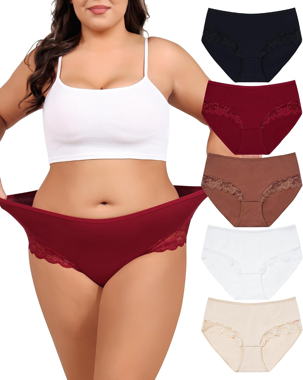 LEVAO Plus Size Underwear XL-4XL Big Curvy Woman Cotton Briefs with Lace High Waist Soft Breathable Panties 5 Pack