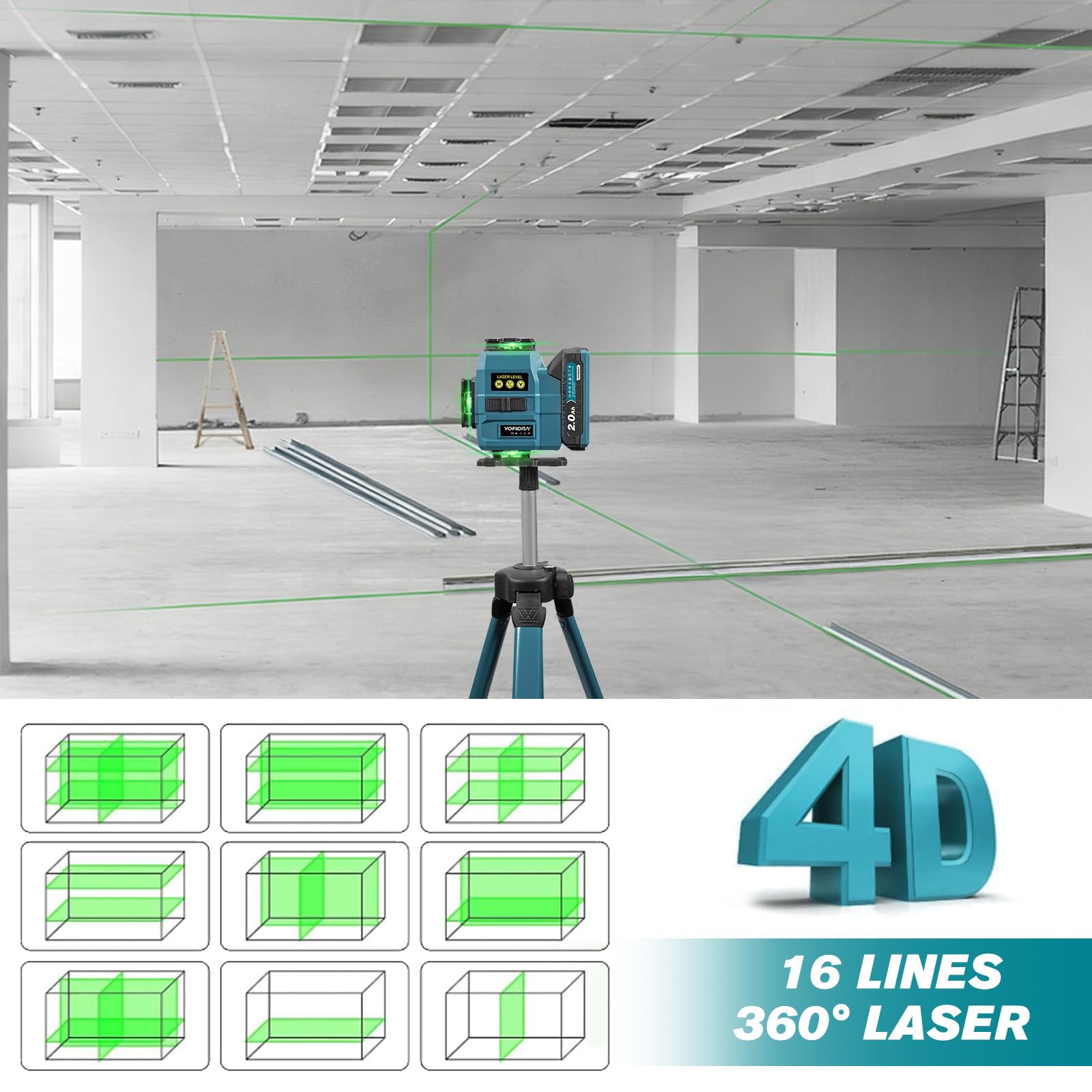 Yofidra Livella Laser con Treppiede - Laser a Linee Incrociate, Laser Autolivellante 4 x 360°, 4D 16 Linee, con 2 Batterie da 2000 mAh, Telecomando, IP54, per Cantieri, Interni
