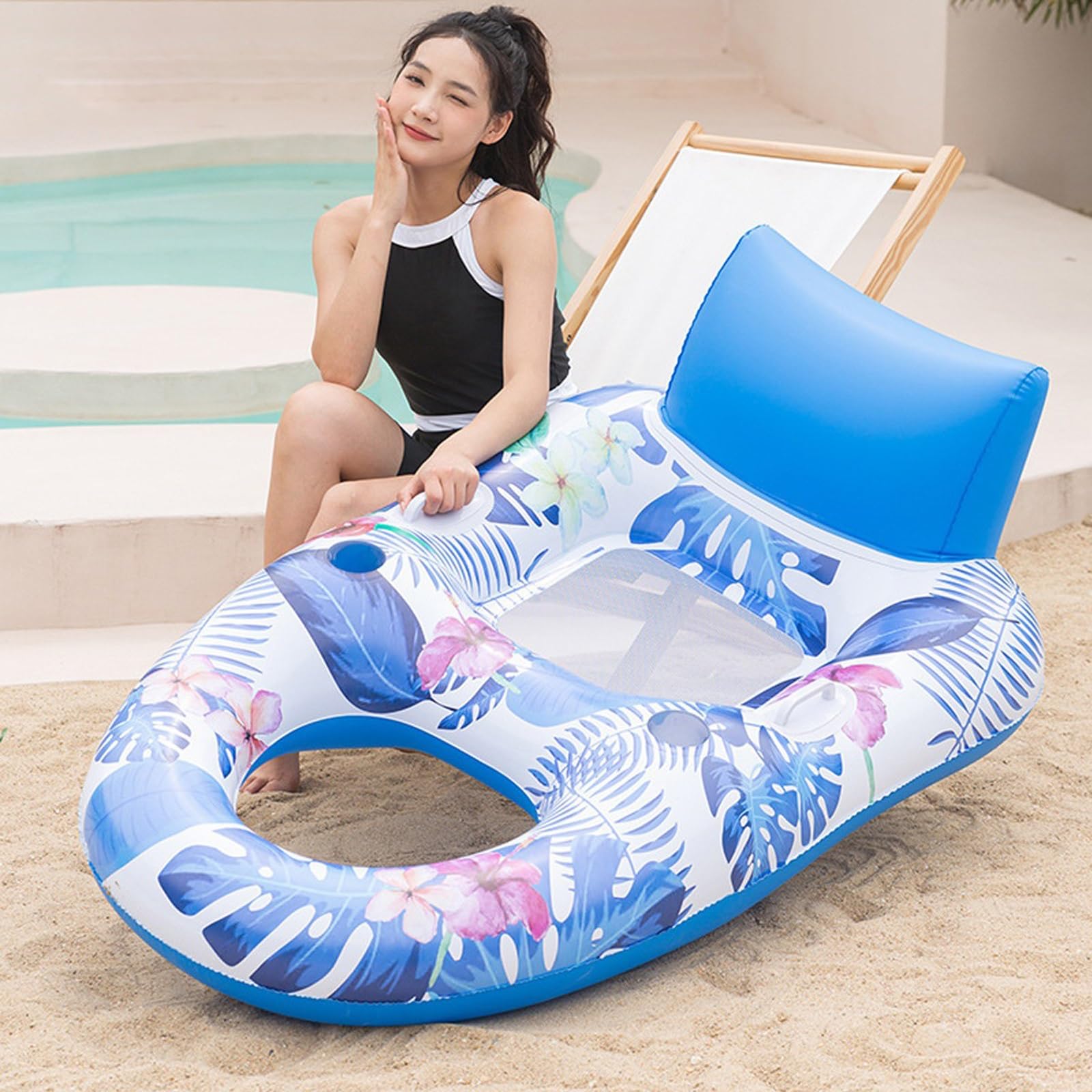 Matelas Gonflable Piscine, Transat Gonflable | Avec Porte-gobelet et Dossier Ergonomique, Fond en Filet, pour une Fête sur la Plage