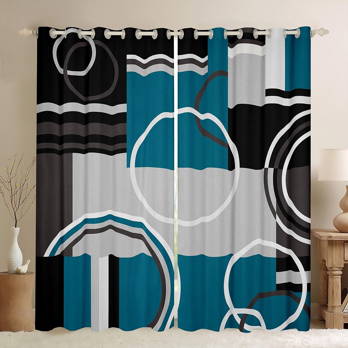 Erosebridal Modern Turquoise Decor Blackout Curtains Gray Black Blue Stripes Geometric Darkening Curtains Circle Swirls Window Treatments Abstract