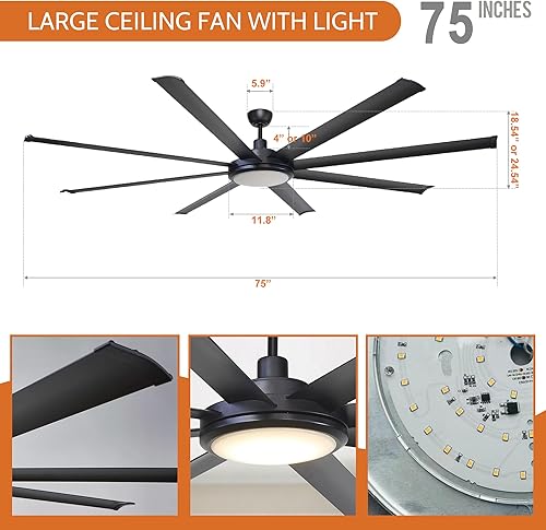 Miniatura 6 de Parrot Uncle Ventiladores de techo con luces y control remoto, ventilador de techo industrial negro de 75 pulgadas con luz LED para dormitorio, sala