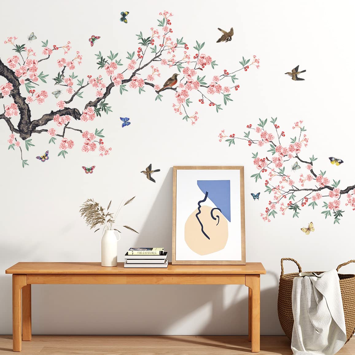 Painted Pink Flowers Wall Stickers Plum Tree Branchs Wall