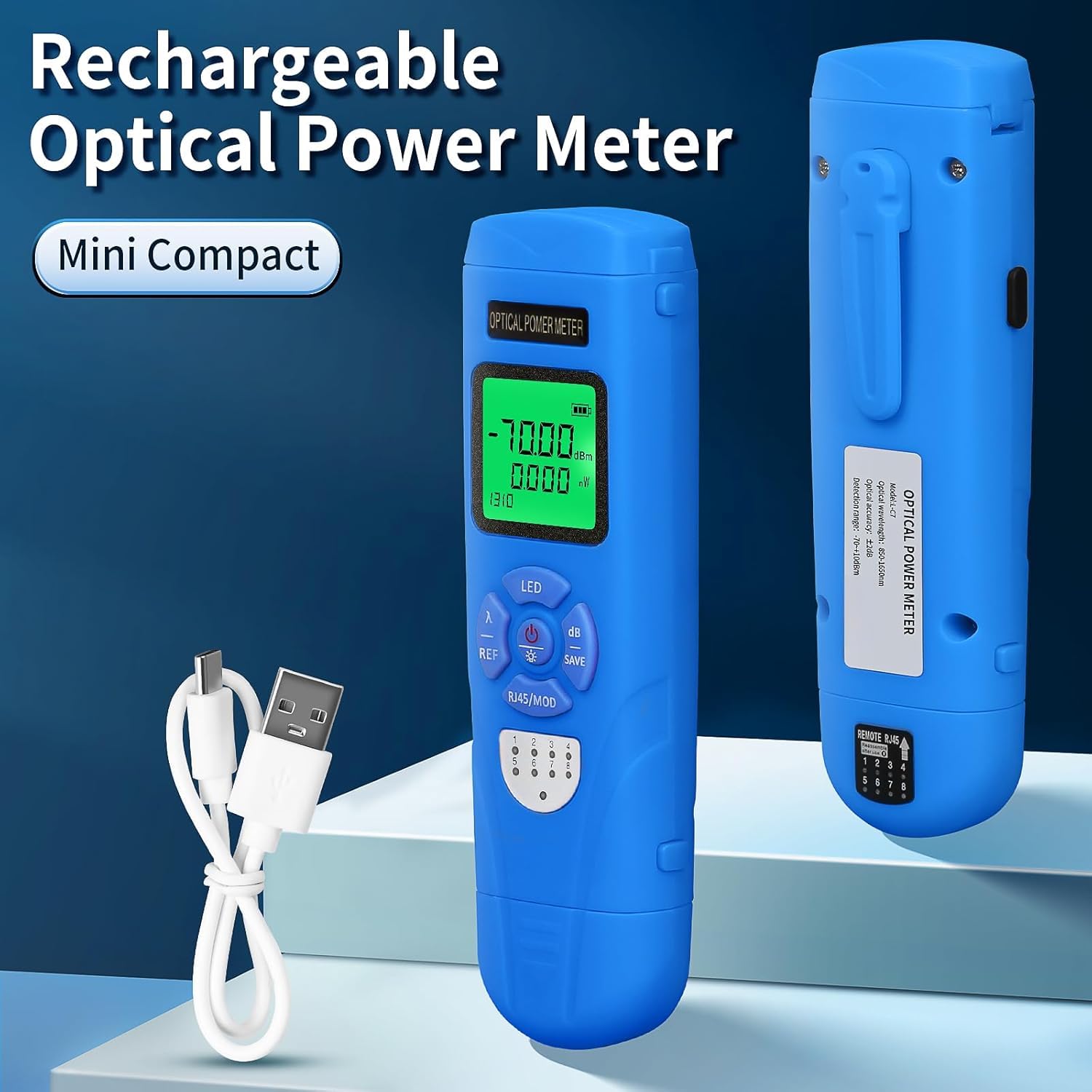 3-Piece Kit High Precision Rechargeable Optical Power Meter L-C7 (-70~+10dBm) Built in RJ45/LED Function Fiber Tester & Rechargeable VFL for SC/FC/ST/LC Interface, with FC-LC Adapter