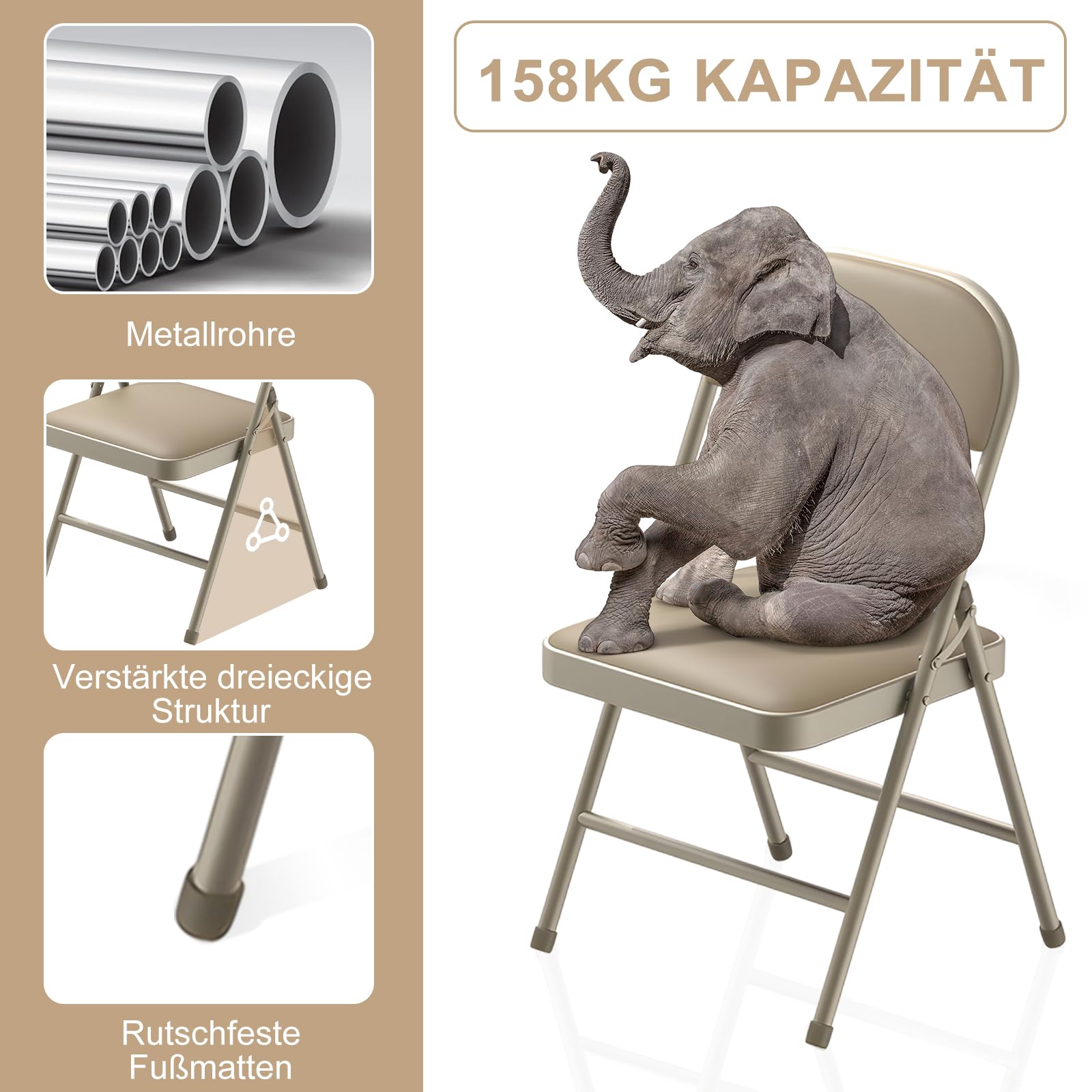 BULAGE Set da 4 sedie pieghevoli imbottite, sedia pieghevole di Alta qualità in Metallo, comode e impilabili, portata: 158 kg, sedie pieghevoli da esterno interno per cucina, yoga, campeggio, kaki