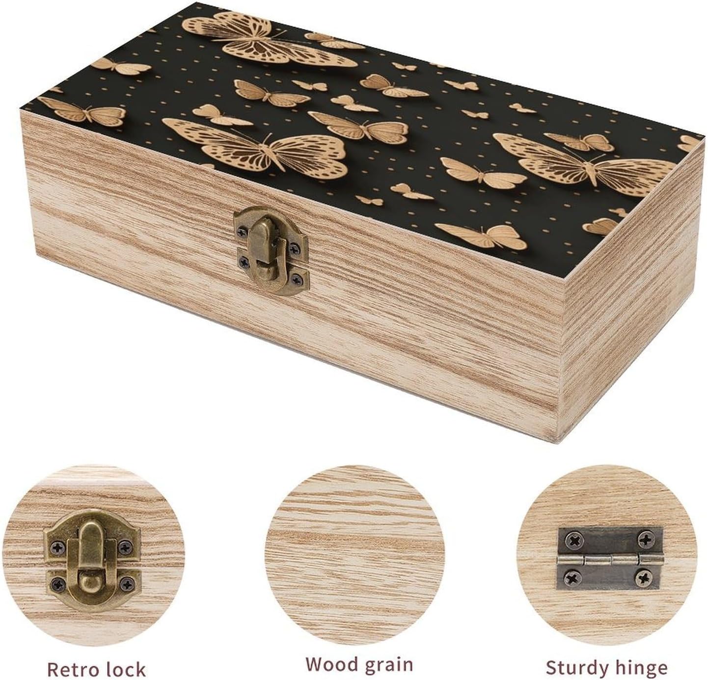 Golden Butterflies Vintage Wooden Storage Box with Hinged Lid Natural Wood Keepsake Box for Jewelry, Crafts & Gifts Rustic Memory Box Organizer for Home Decor, Rings, Trinkets image 3