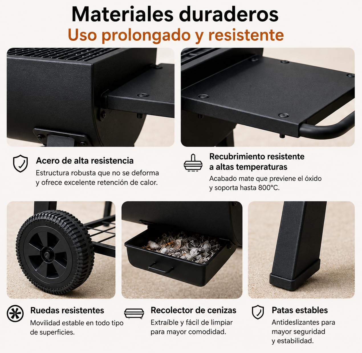 Barbacoa de Carbón con Ruedas y Bandeja Recogecenizas – Parrilla de Acero con Recubrimiento Resistente, Superficie Amplia, Estante Inferior, Mesa Lateral y Patas Antideslizantes para Jardín y Terraza