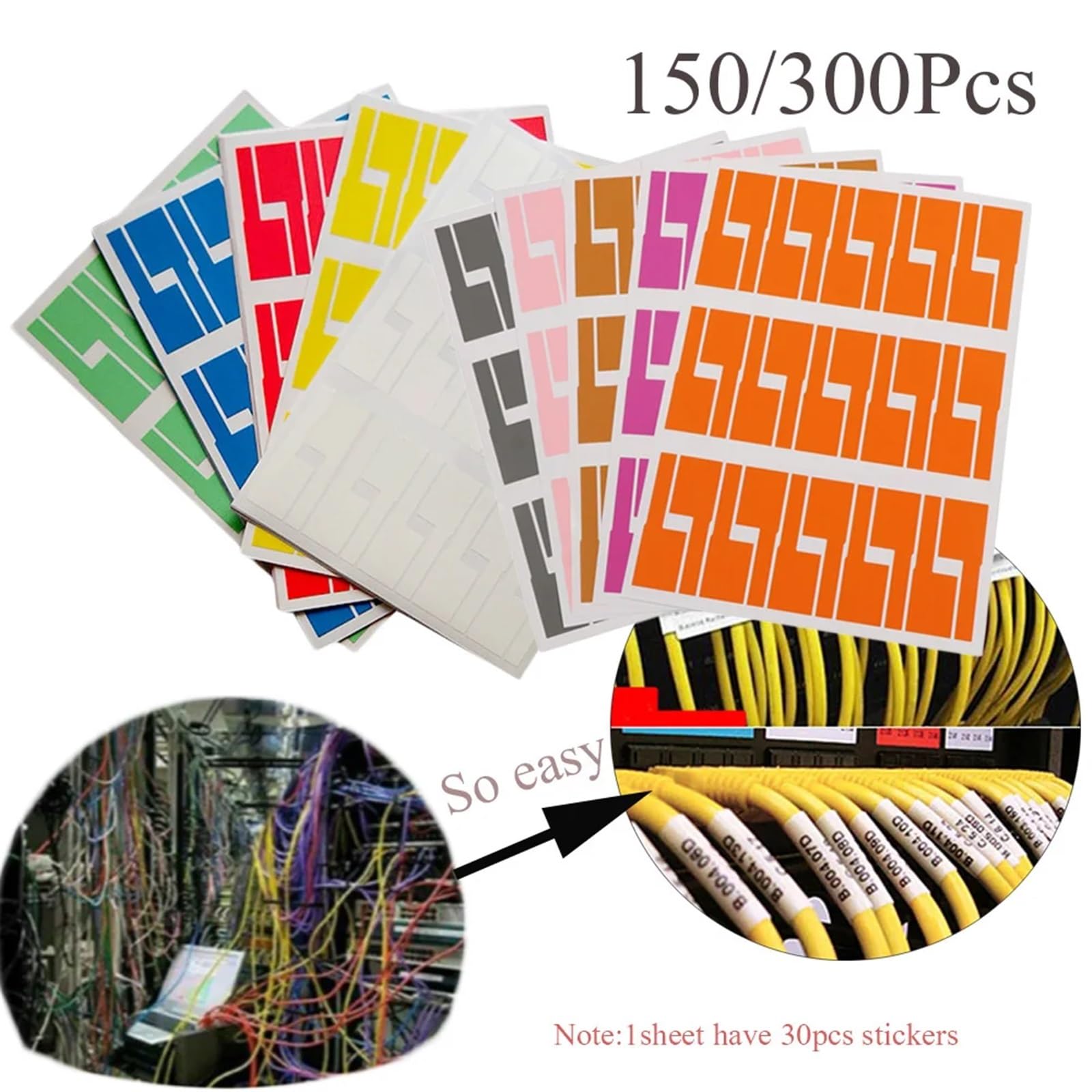 Etykiety do kabli, Naklejki na kable sieciowe A4 w kolorze wodoodpornym, samoprzylepnym, do organizowania kabli elektrycznych(Random 10sheet)