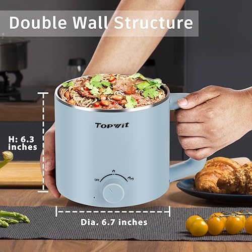 Miniatura 5 de Topwit Cocina eléctrica con vapor, olla de ramen de 1.6 L y hervidor eléctrico de agua caliente de vidrio de 1 litro