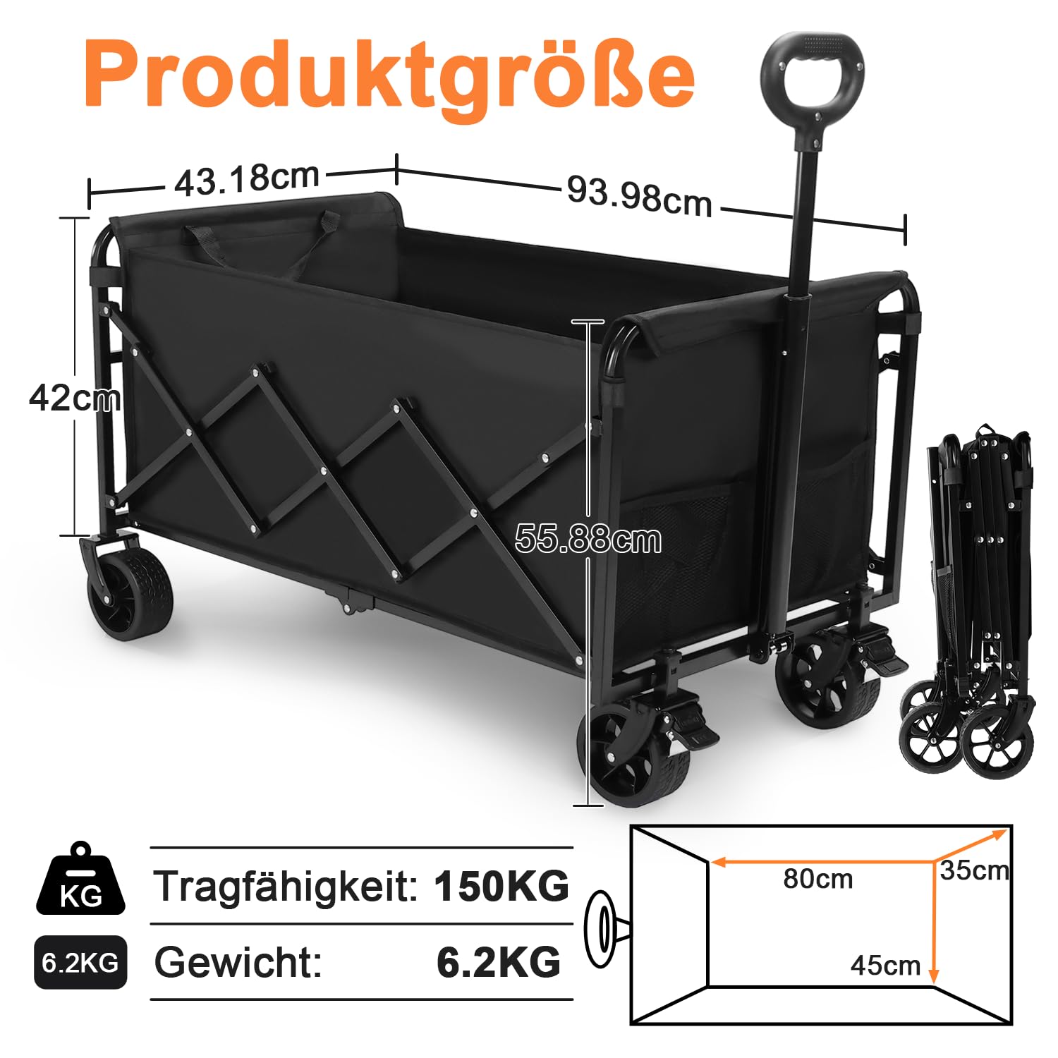 Bollerwagen Faltbar, Handwagen faltbar 150L Tragkraft 150KG mit verstellbarem Griff, Offroad-Rädern für Camping Garten Outdoor 94x43x42cm