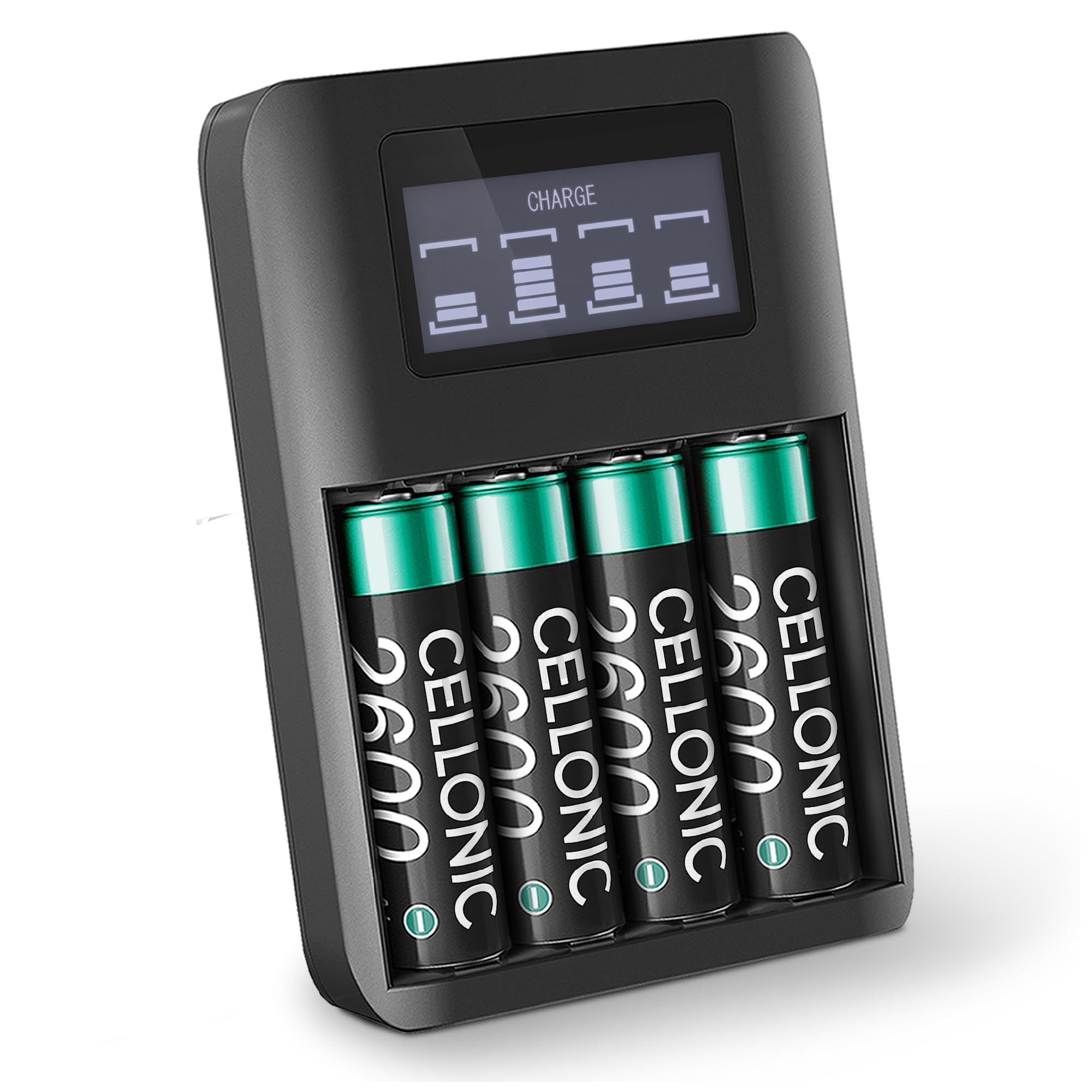 CELLONIC Chargeur de Piles AA AAA USB + 4X Batterie Rechargeable AA 2600mAh LR6, Chargeur AAA AA USB avec 4 Compartiments et Affichage, Chargeur Rapide Chargeur Piles 1.2V Battery Charger LR03 LR6