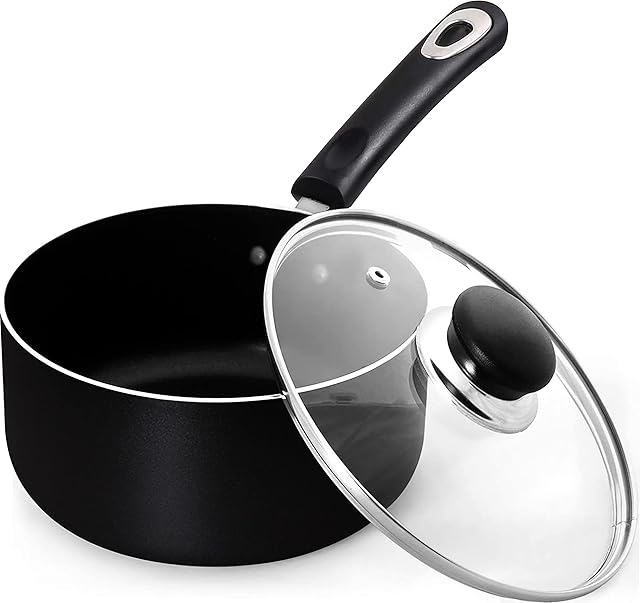 KICHLY Sauce Pan 14cm, 1 Quart - Non Stick Saucepan with Lid - Small Pan - Multi Purpose Sauce Pot for Kitchen & Restaurants (Black)