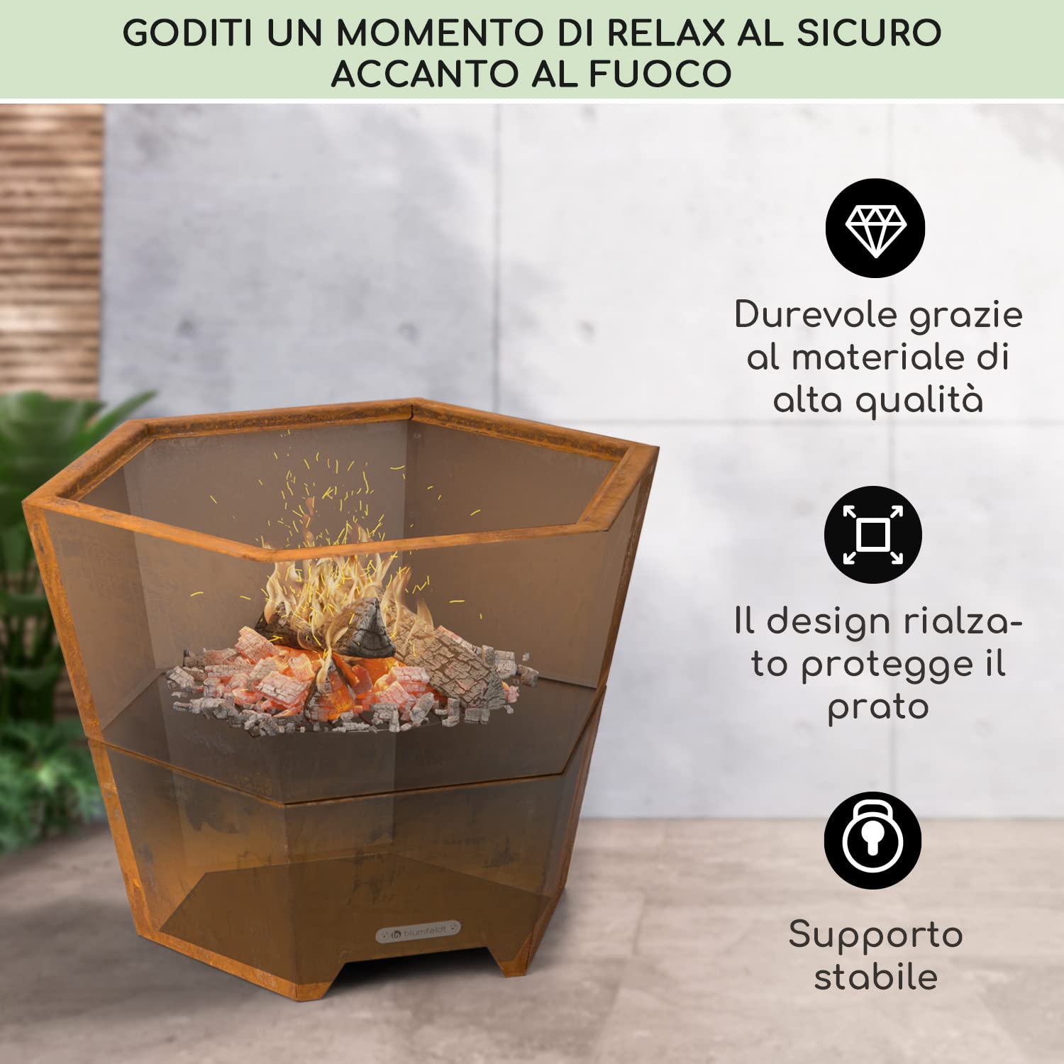 blumfeldt Braciere da Giardino, Bracere da Esterno Legna Esagonale, Braciere con Supporto, Braciere da Esterno Resistente alle Intemperie in Acciaio, Copertura Barbecue, per Campeggio e Terrazzo