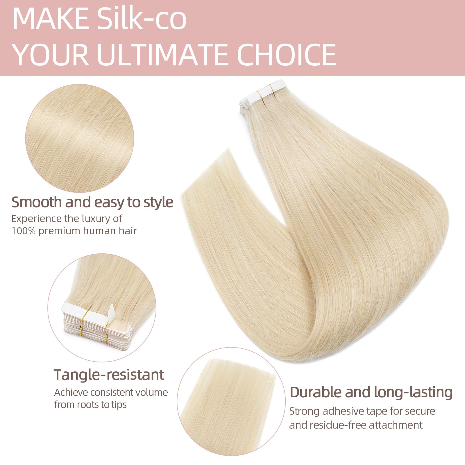 Silk-co Tape in Hair Extensions Remy Hair Extension Hair Pieces Silky Straight Human Hair Extensions Silky Soft Seamles 20 Pcs 20g/Set 14inch (20PCS)#60 Platinum Blonde - Image 3