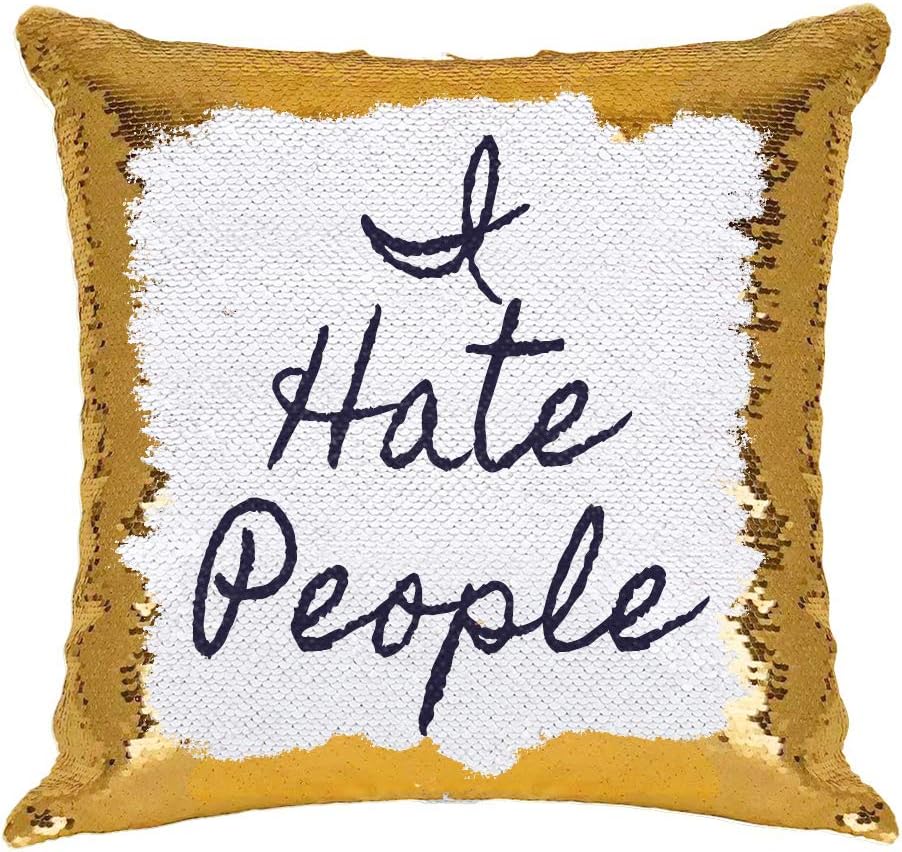 I Hate People Sequin Pillow Personalized, Text Cushion Cover, for Boyfriend Girlfriend Her Him Birthday Holiday Party (Gold)