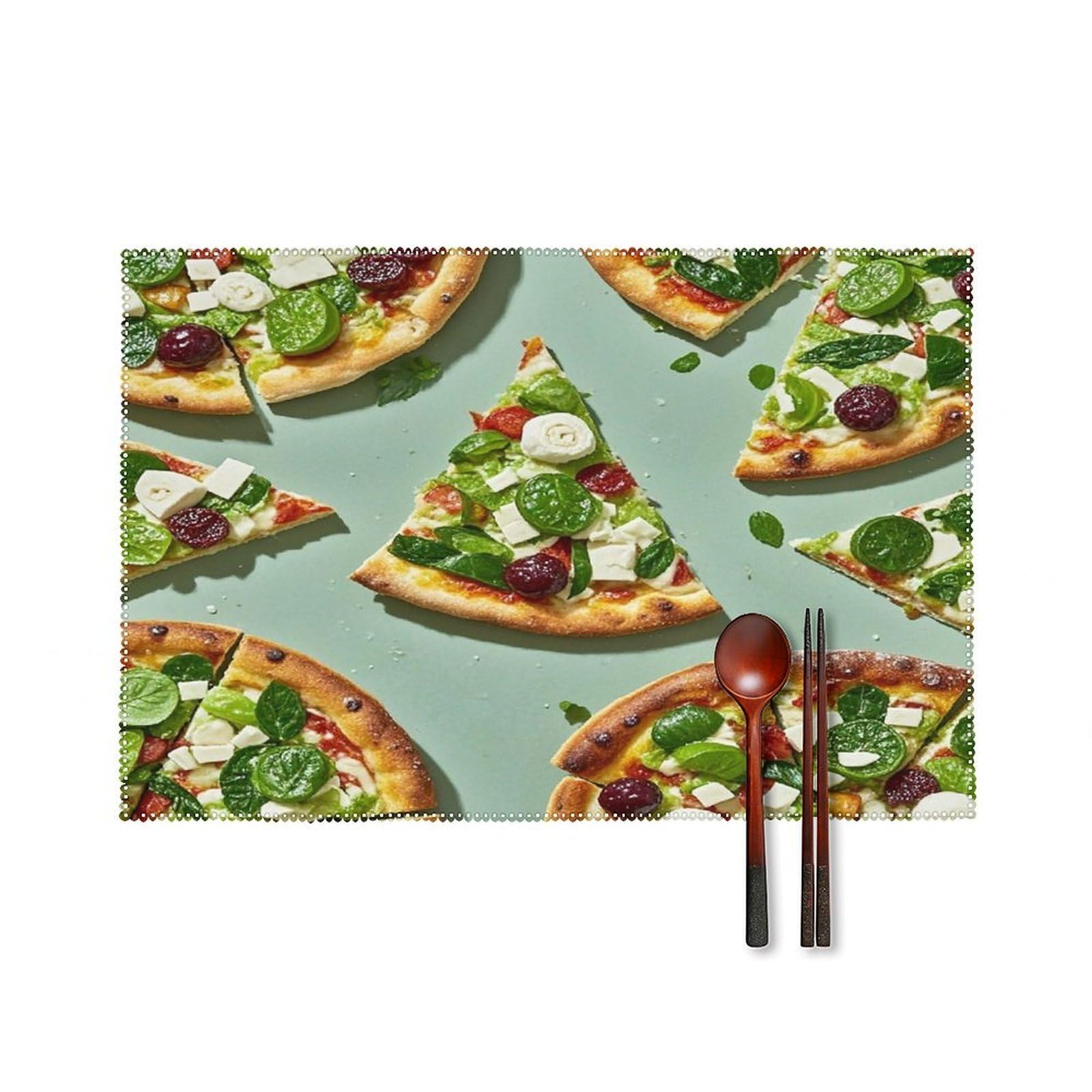 Green Pizza Slices Placemats Set of 6 Heat-Resistant Washable Place Mats Wipeable Kitchen Placemat Easy to Clean for Indoor Outdoor Party Kitchen Decoration