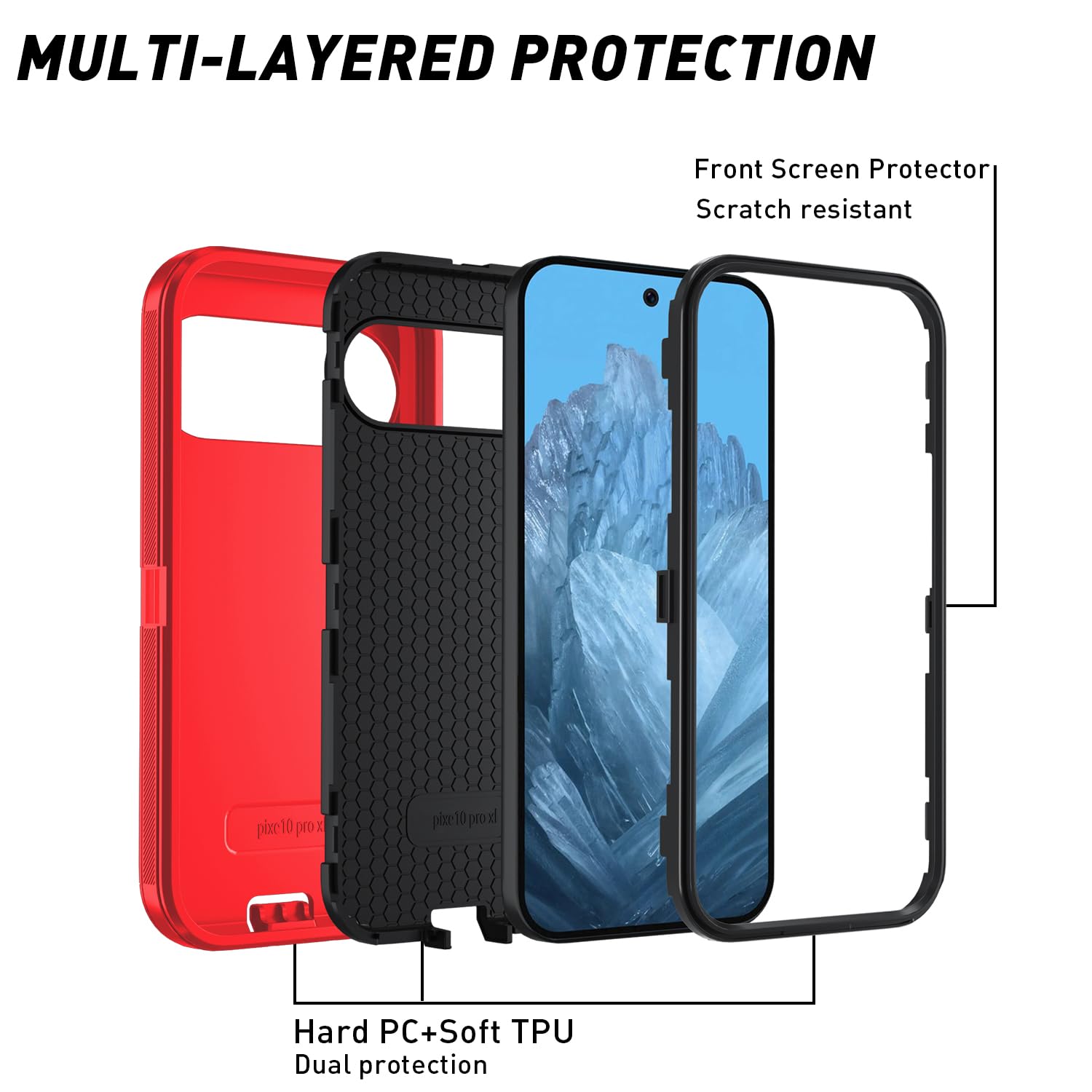 Custodia per Pixel 10 Pro XL, design 3 in 1 [nessuna protezione dello schermo] protezione robusta per Google 10 Pro XL rosso+nero