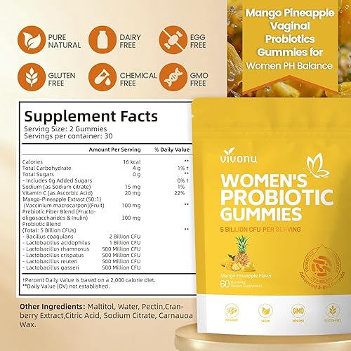 Miniatura 7 de VivoNu Gomitas de Piña para Mujeres Ph, Gomitas de Probióticos para Mujeres, Gomita de Equilibrio Femenino, Gomitas de Probióticos de Mango y Piña