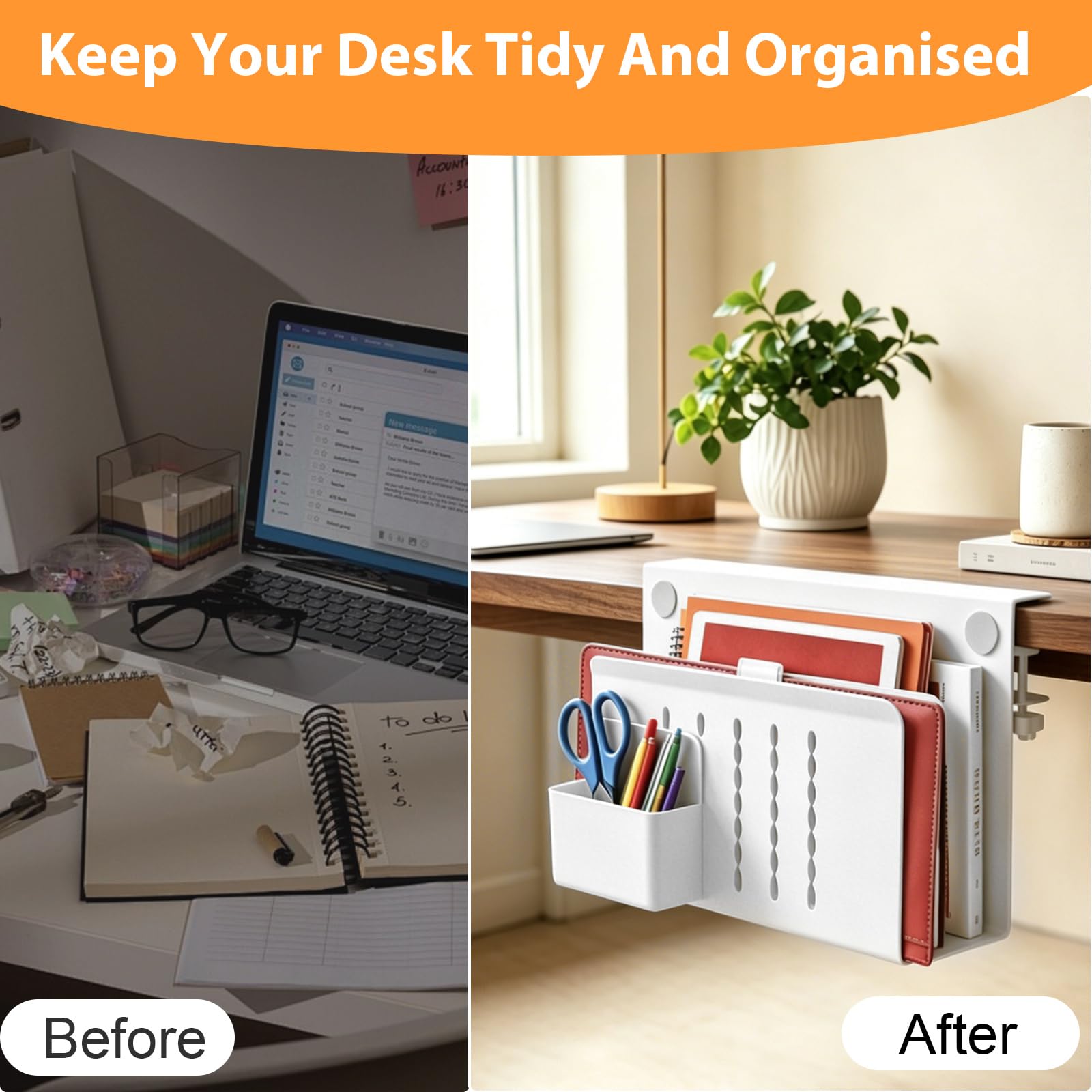 Schreibtisch Seitenaufbewahrung, Verstellbar Seitenständer Laptop Stand Kein Bohrer mit Magnetischer Stifthalter Doppellagig Desk Side Storage Notebook Halterung für Büro Zuhause, Weiß