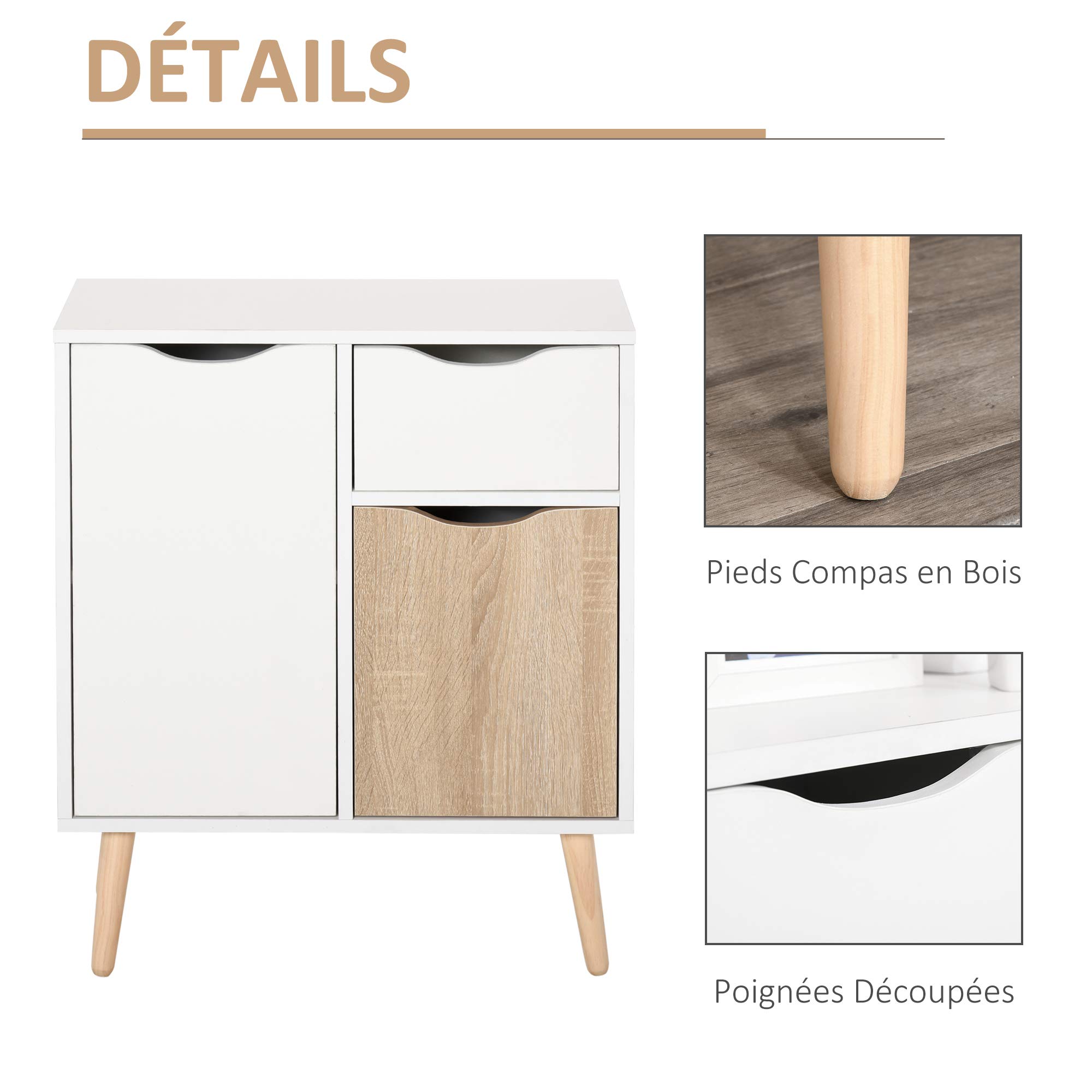HOMCOM Buffet Meuble de Rangement Design scandinave 2 placards tiroir Coulissant Bois Blanc chêne Clair