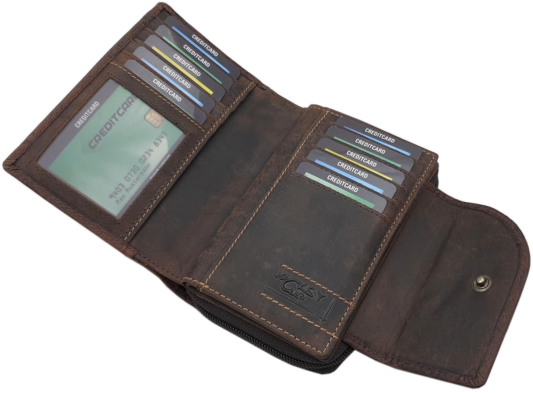 myledershop Cartera de piel de búfalo para mujer, formato vertical, con cierre exterior con estampado de lianas y protección RFID y NFC, marrón, Einheitsgröße, Moderno