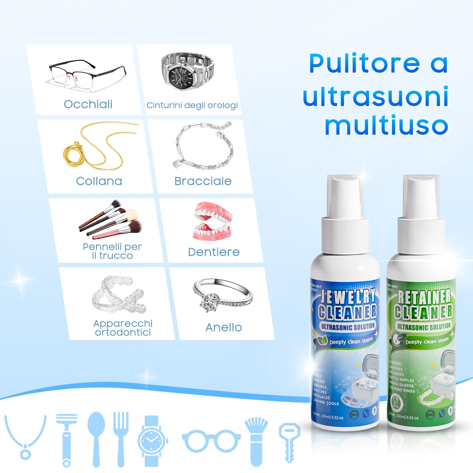 Fashome Pulitore Ultrasuoni con 2 flaconi di liquido detergente da 100 ml | 45 kHz, 3 modalità, serbatoio in acciaio inox da 550 ml, per gioielli, occhiali, orologi e protesi dentali, cestino per la