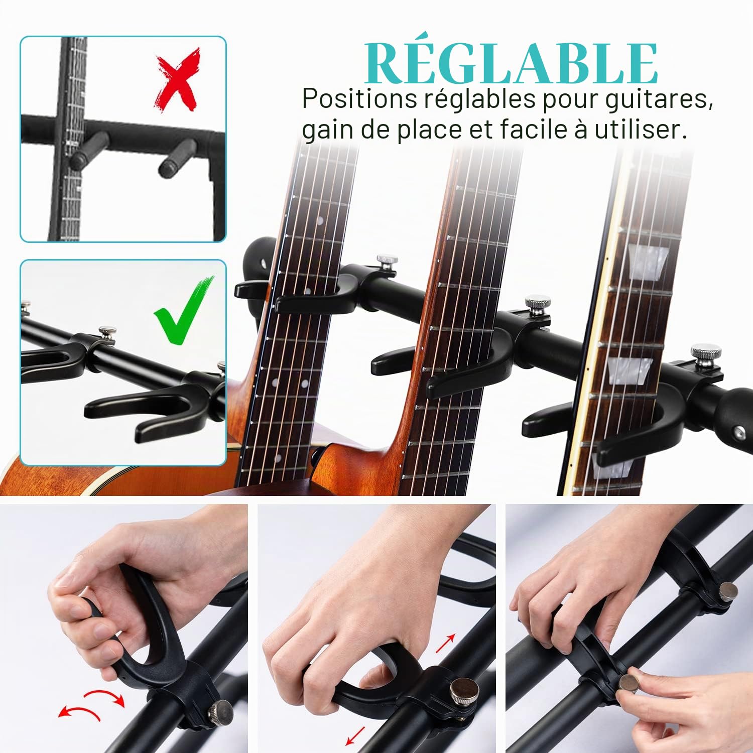 GUITTO GGS-12 Support de guitare multifonction pliable universel Support de guitare portable pour ruban, scène, basse, guitare acoustique, 3 supports
