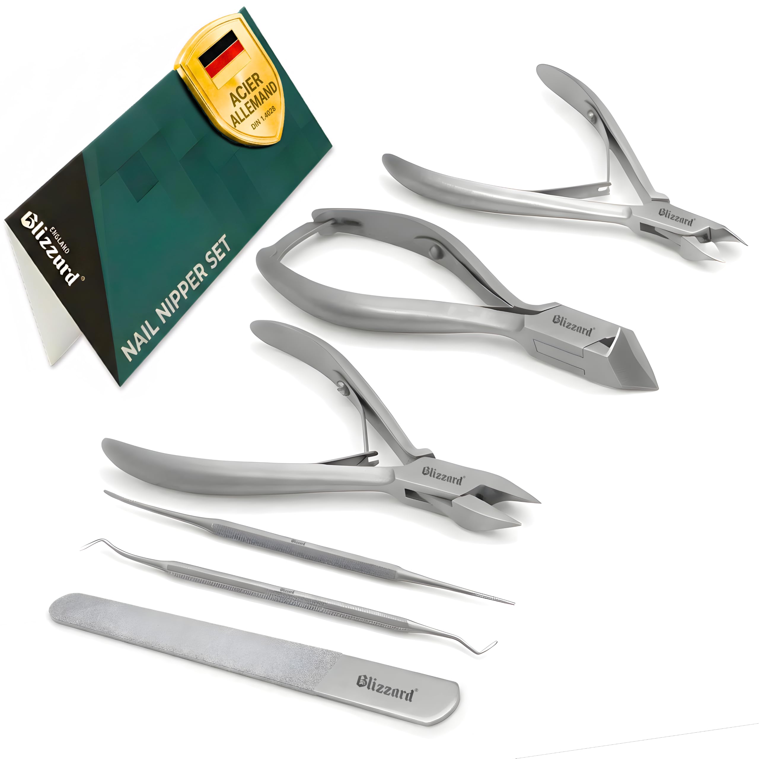 Blizzard Kit Pédicure Professionnel et Coupe Ongle Pied - Set de Podologie 5 Pièces pour Ongles Incarnés et Épais - Pince Coupante, Lime et Releveur - Acier Inox - Soin des Pieds Seniors et Hommes