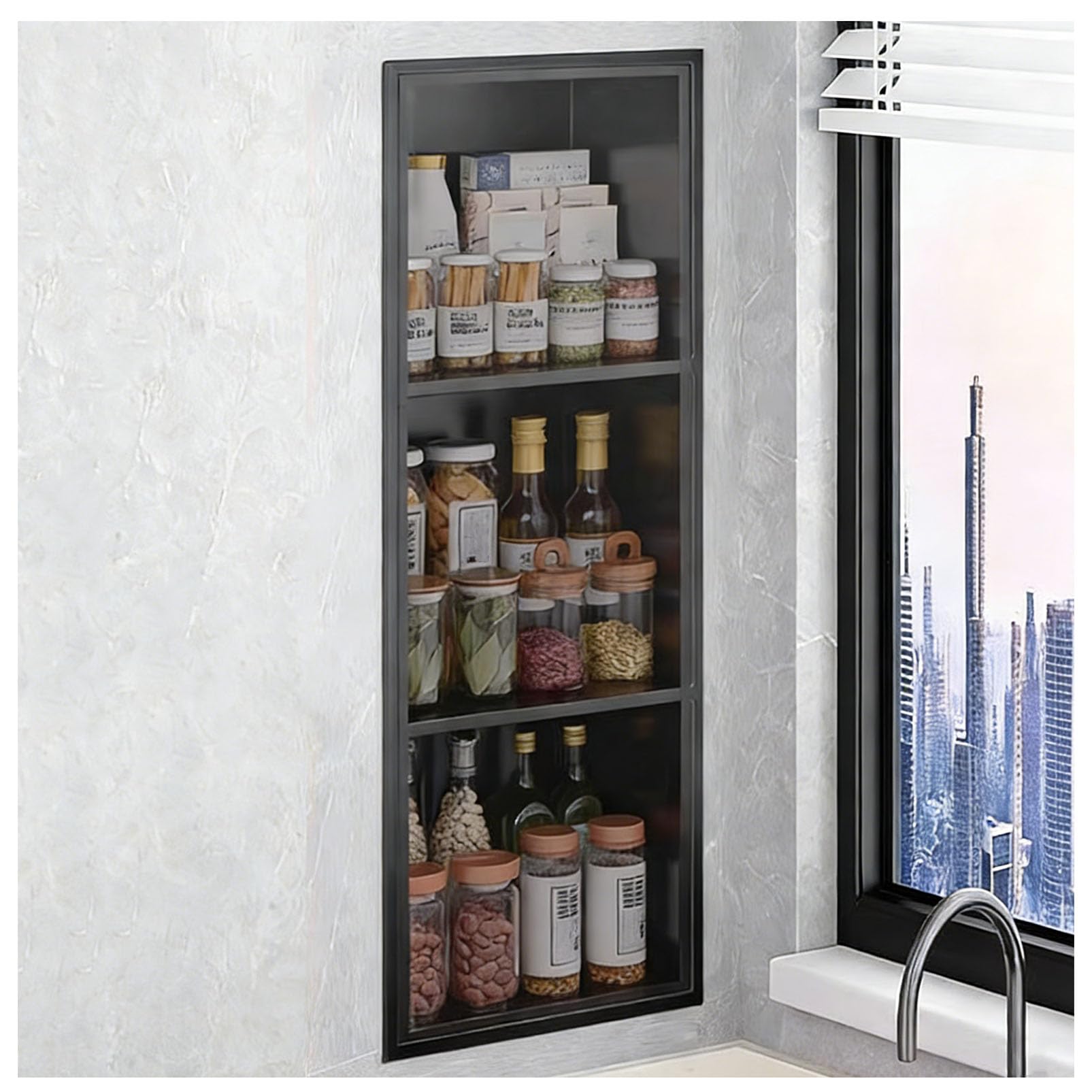 Recessed Stainless Steel Wall Niche with Glass Door Kitchen Bathroom Built-in Cabinet Waterproof Shower Caddy Medicine Cabinet Embedded