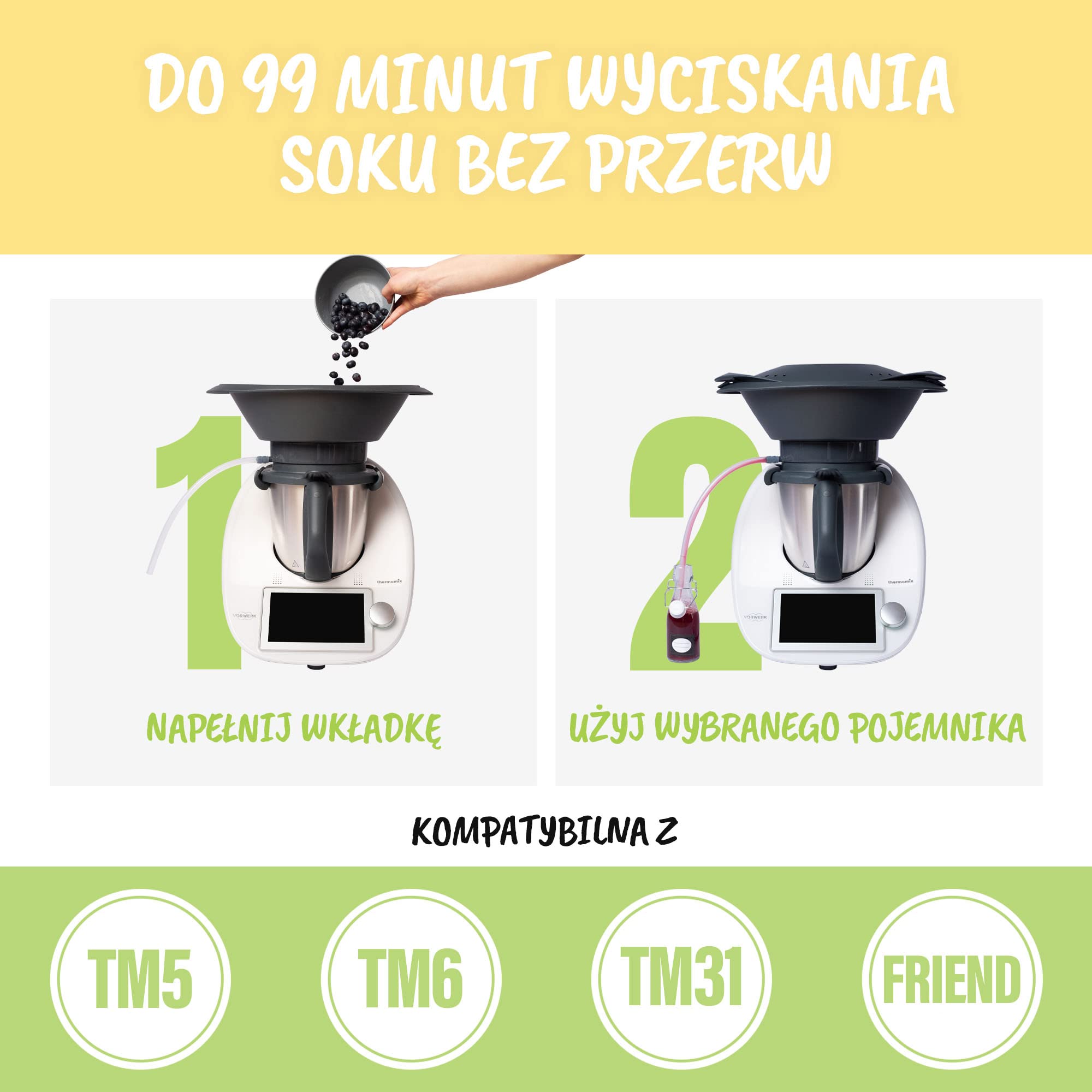 MixFino Sokownik Parowy do Thermomix TM6 TM5 TM31 – Sok i Galaretki | Nasadka do TM6 TM5 TM31 i Friend · PP i silikon platynowy, do żywności · do 2 kg owoców na sok · e-book z przepisami