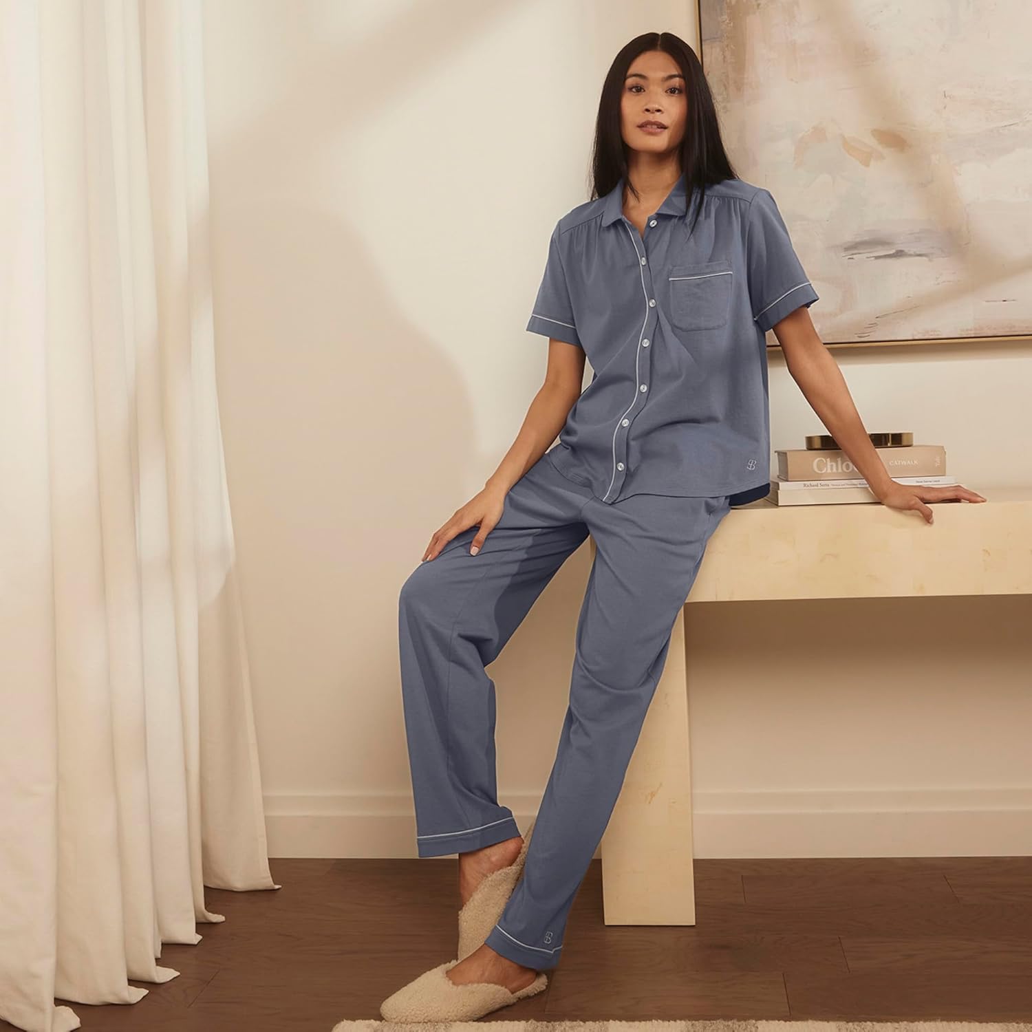 BOLL & BRANCH Women's Soft Knit Short Sleeve & Pants Pajama Set - Image 2