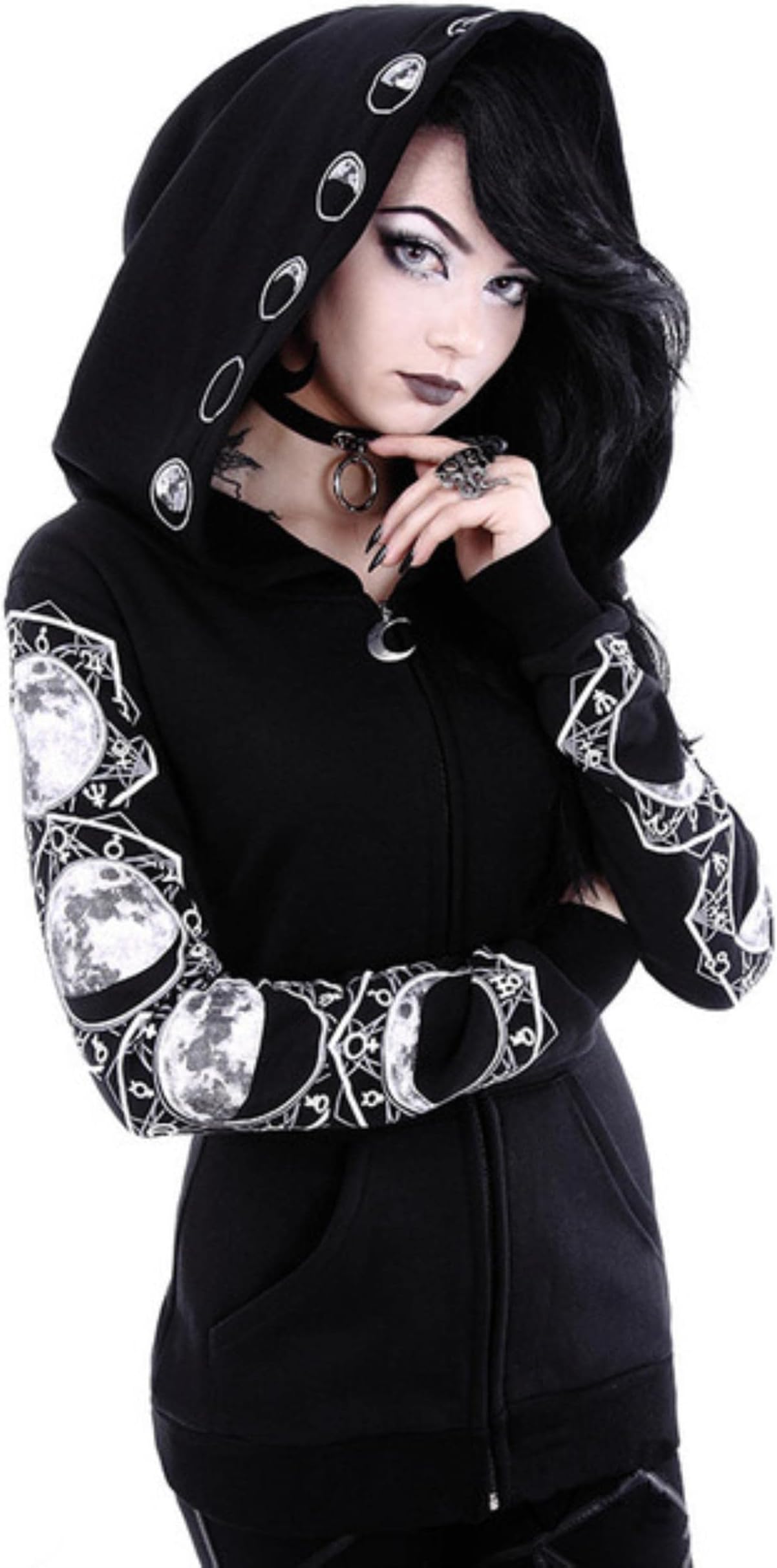 MBVFD Women Casual Hoodies Punk Gothic Hoodie Sweatshirt Witch Moon Girls Black Long Sleeve Goth Oversized Zipper Clothes Plus Size