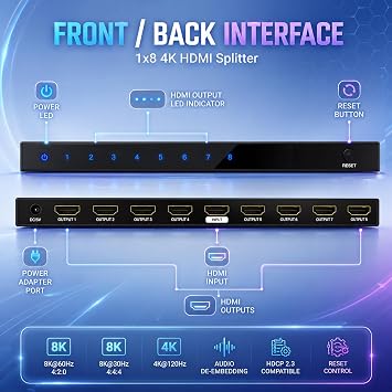 J-Tech Digital HDMI Splitter 1 In 8 Out 4K 60Hz Premium Quality 4K Ultra HD, HDMI Splitter for Multiple Monitors Duplicate/Mirror [JTD4KSP0108]