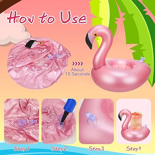 Miniatura 2 de 100 Pcs Inflatable Drink Holders Flamingo Drink Floats Mini Drink Floaties Floating Drink Holder Flamingo Inflates Coasters with a Pump Cylinder for