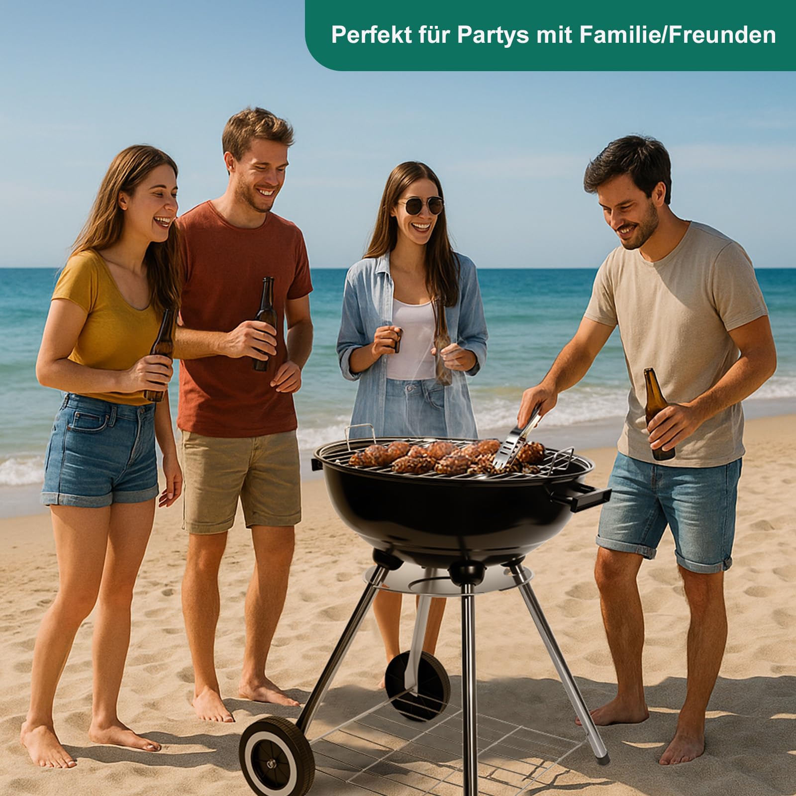 HYCHIKA Kugelgrill Holzkohlegrill Kohlegrill, Ø47cm 18 Zoll Rund Vertikal BBQ Kompaktgrill mit Deckel, Rädern für Garten Balkon Camping Outdoor
