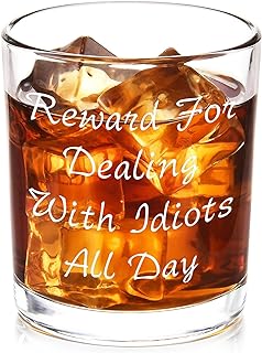 Futtumy Reward For Dealing With Idiots All Day Whiskey Glass, Funny Gifts for Men Coworker Friend Husband Boss Him, Novelty Old Fashioned Glass for Christmas Fathers Day Bosses Day Birthday, 10 oz