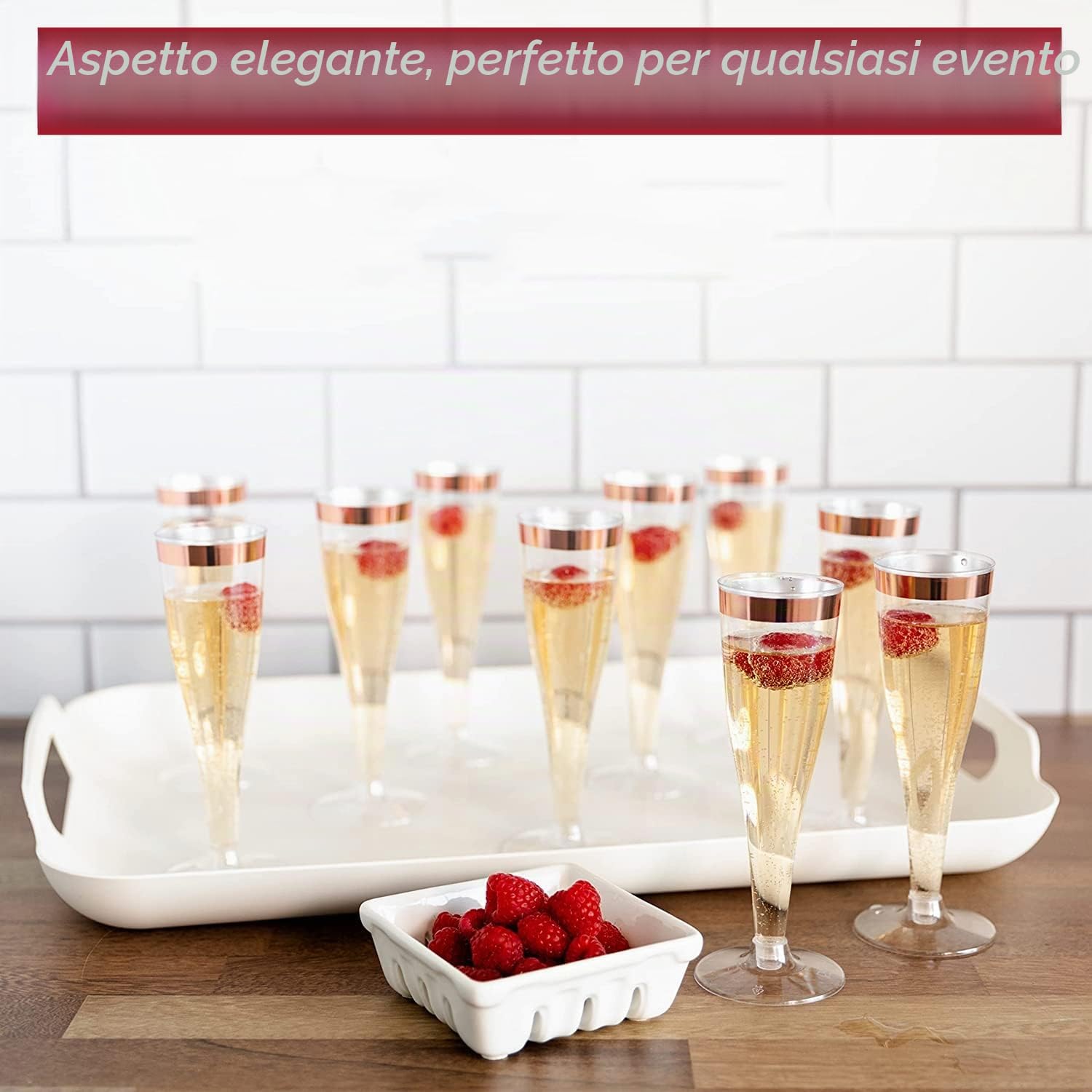 LATERN 50 Pezzi Flute da Champagne con Bordo in Oro Rosa, 150ml Bicchieri da Champagne in Plastica Bicchieri da Vino con Gambo Riutilizzabili per Anniversario Matrimonio Giardino Feste (5 x 17cm)