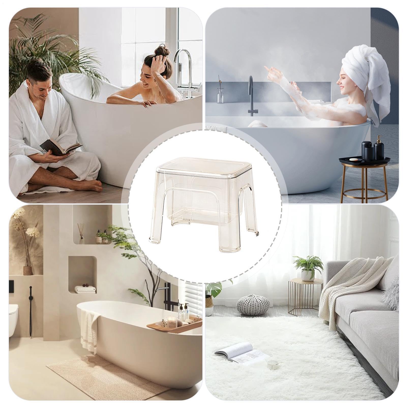 Sgabello da doccia – Sedia da bagno trasparente con spazio di archiviazione, piccola panca da doccia | per comodino, bagno, cucina, casa
