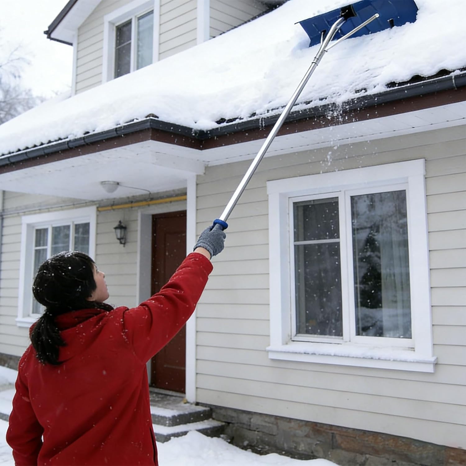 Roof Snow Rake with Wheels and Adjustable Aluminum Alloy Handle, Portable Snow Removal Roof Rake for House Garage Shed Roofs, 66cm Blade, 1.2cm Thick Head, 25.4mm Shaft