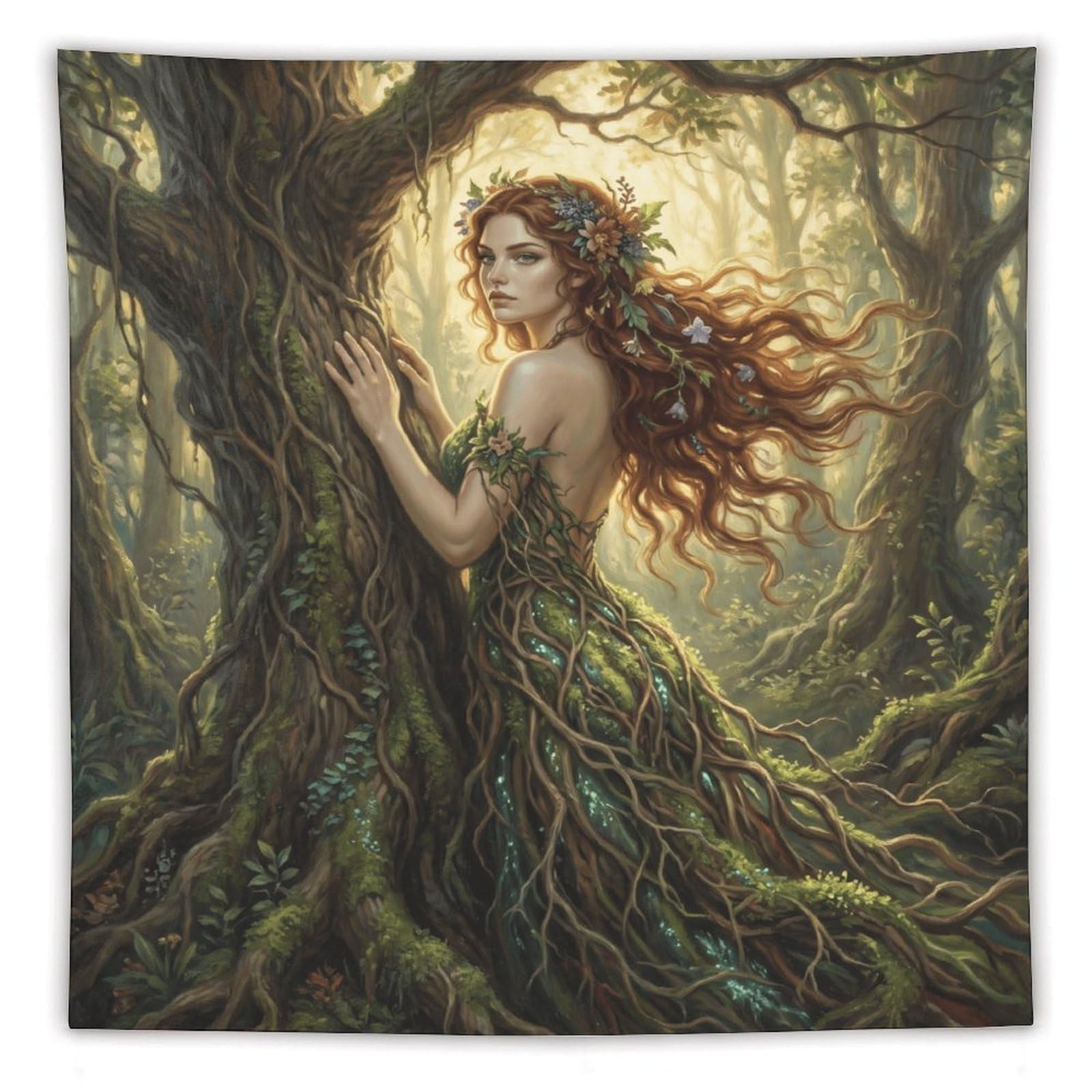 W7C8U2X3 Forest Goddess Tree Spirit Wall Tapestry, Botanical Watercolor