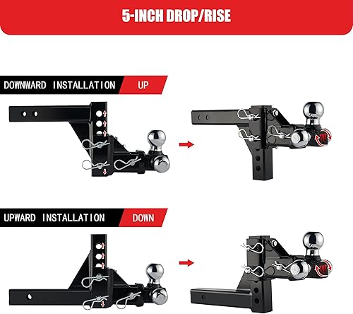 Miniatura 3 de TYT Soporte de bola de enganche de remolque ajustable, Tri-Ball (1-78 x 2 x 2-516 pulgadas), se adapta a receptor de 2 pulgadas