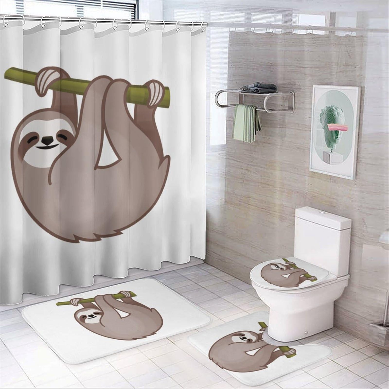 JiuPopular Bathroom Mat Set 4 Piece, 111Cute Sloth Shower Curtain with Non-Slip Bath Mats for Bathroom