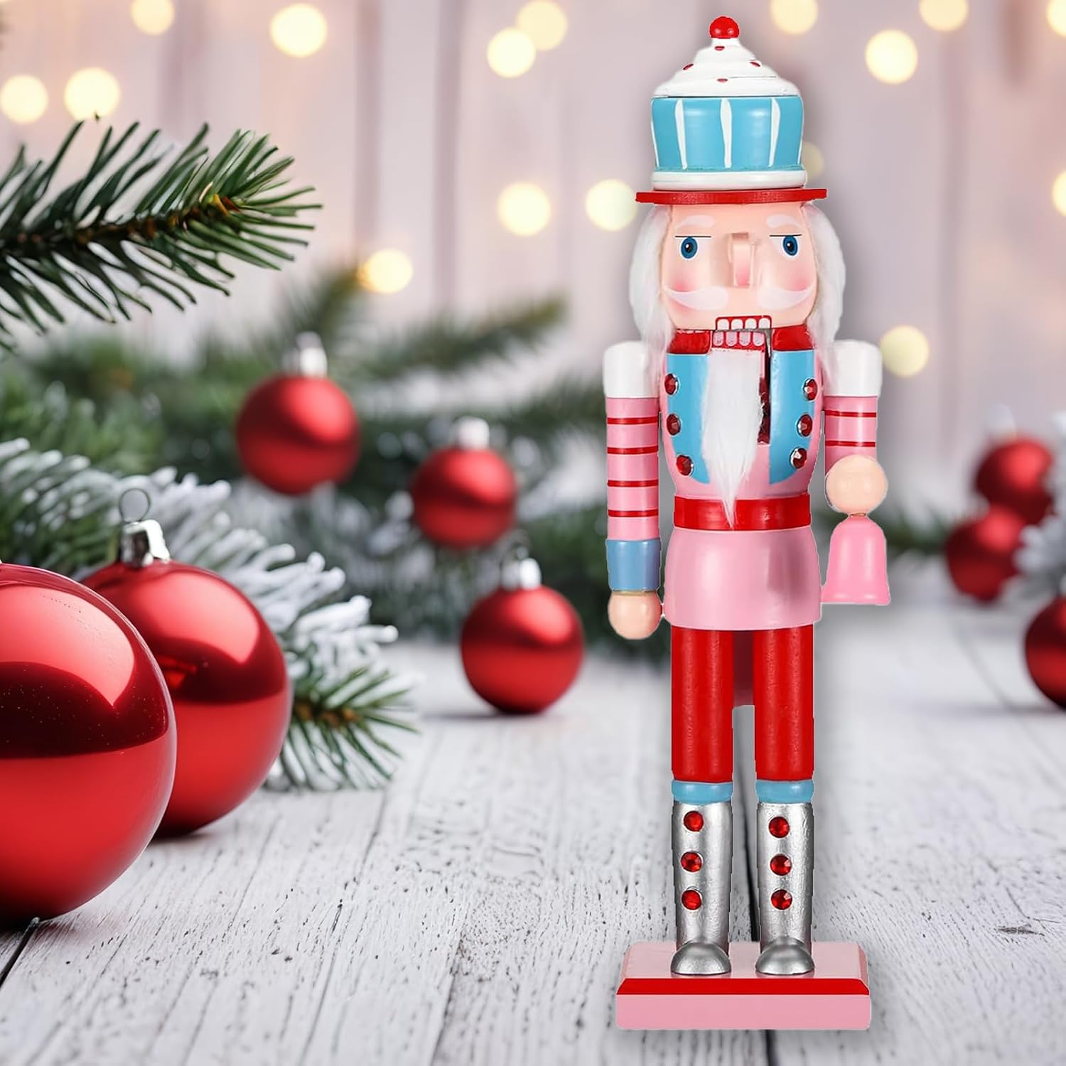 Christmas Nutcracker Ornament ，14inch King Soldier Nutcracker Suitable for Table, Fireplace Decoration Christmas Party Supplies (Pink Holding Bell)