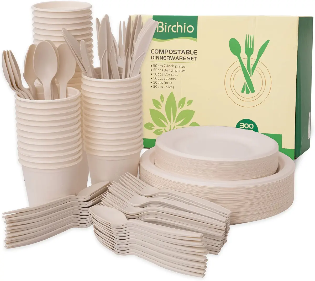 300 Piece (50 Sets) Biodegradable Paper Plates Set (EXTRA LONG UTENSILS), Disposable Dinnerware Set, Eco Friendly Compostable Plates &amp; Utensil include Plates, Cups, Forks, Knives and Spoons
